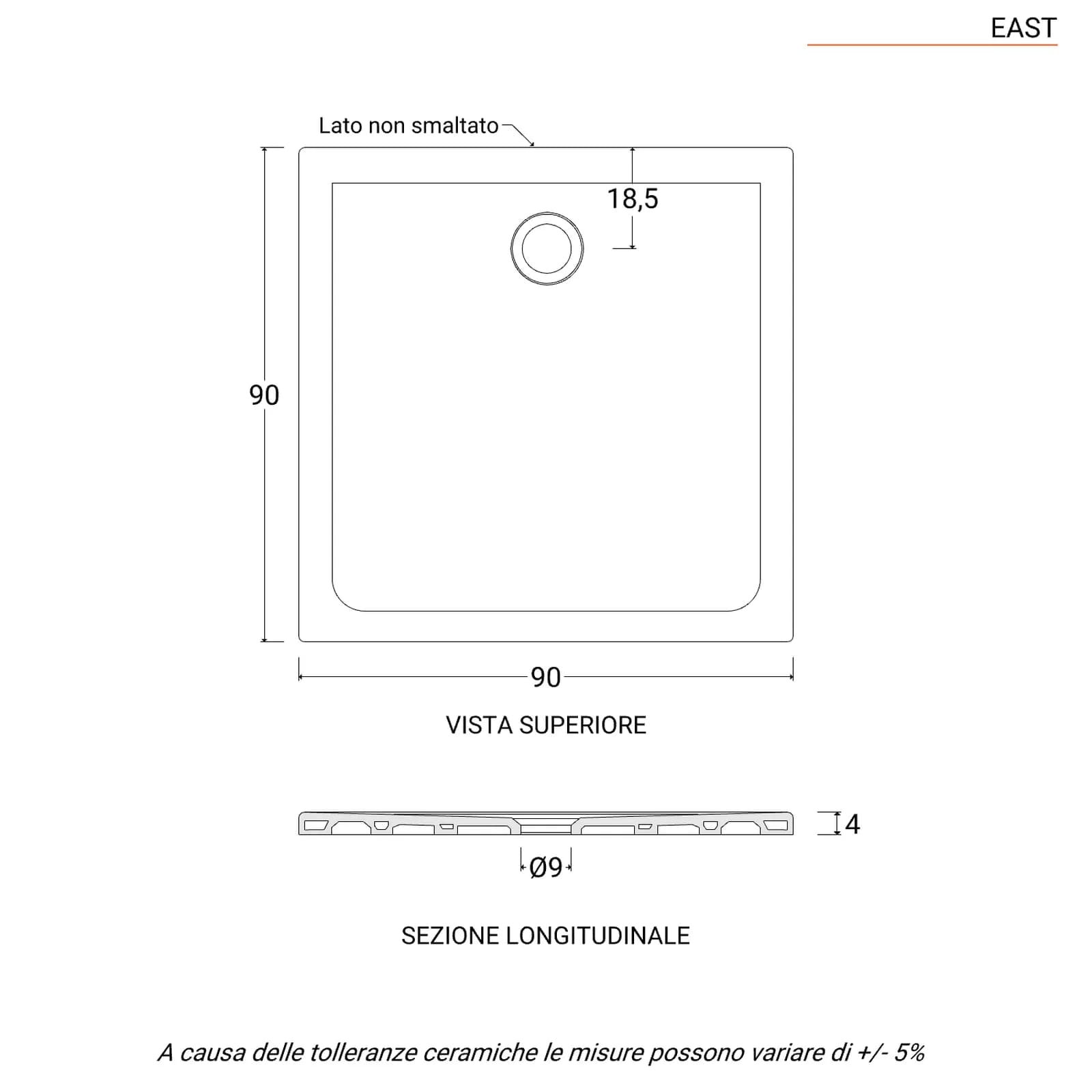 Piatto doccia quadrato 90x90x4h cm antiscivolo bianco - East