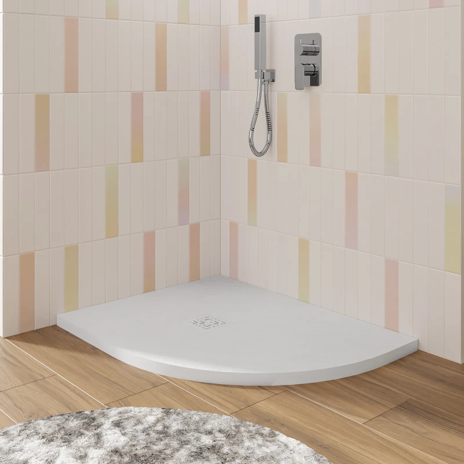 Piatto doccia semicircolare sx 70 x 90 cm effetto pietra riducibile bianco - Zerium