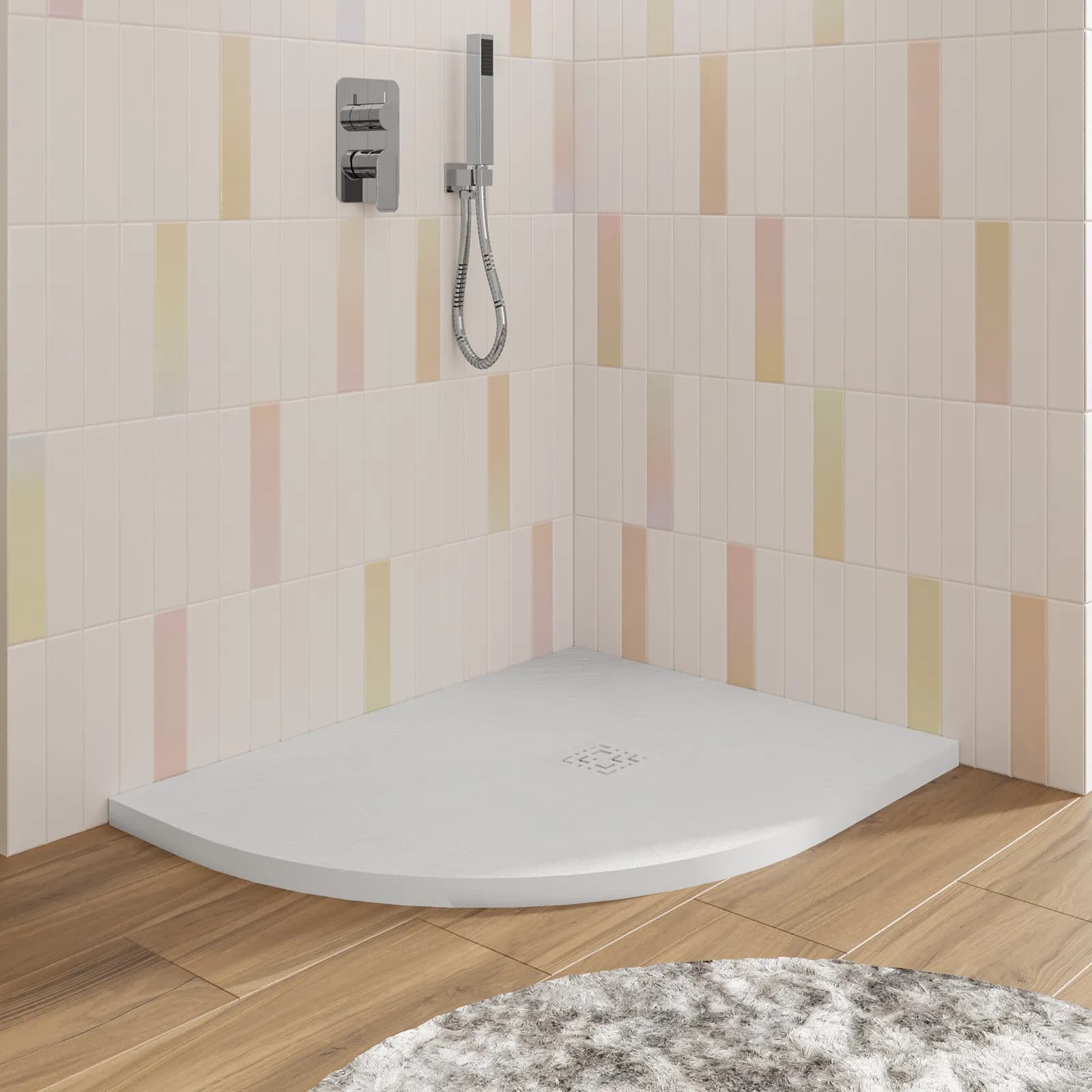 Piatto doccia semicircolare dx 70 x 90 cm effetto pietra riducibile bianco - Zerium