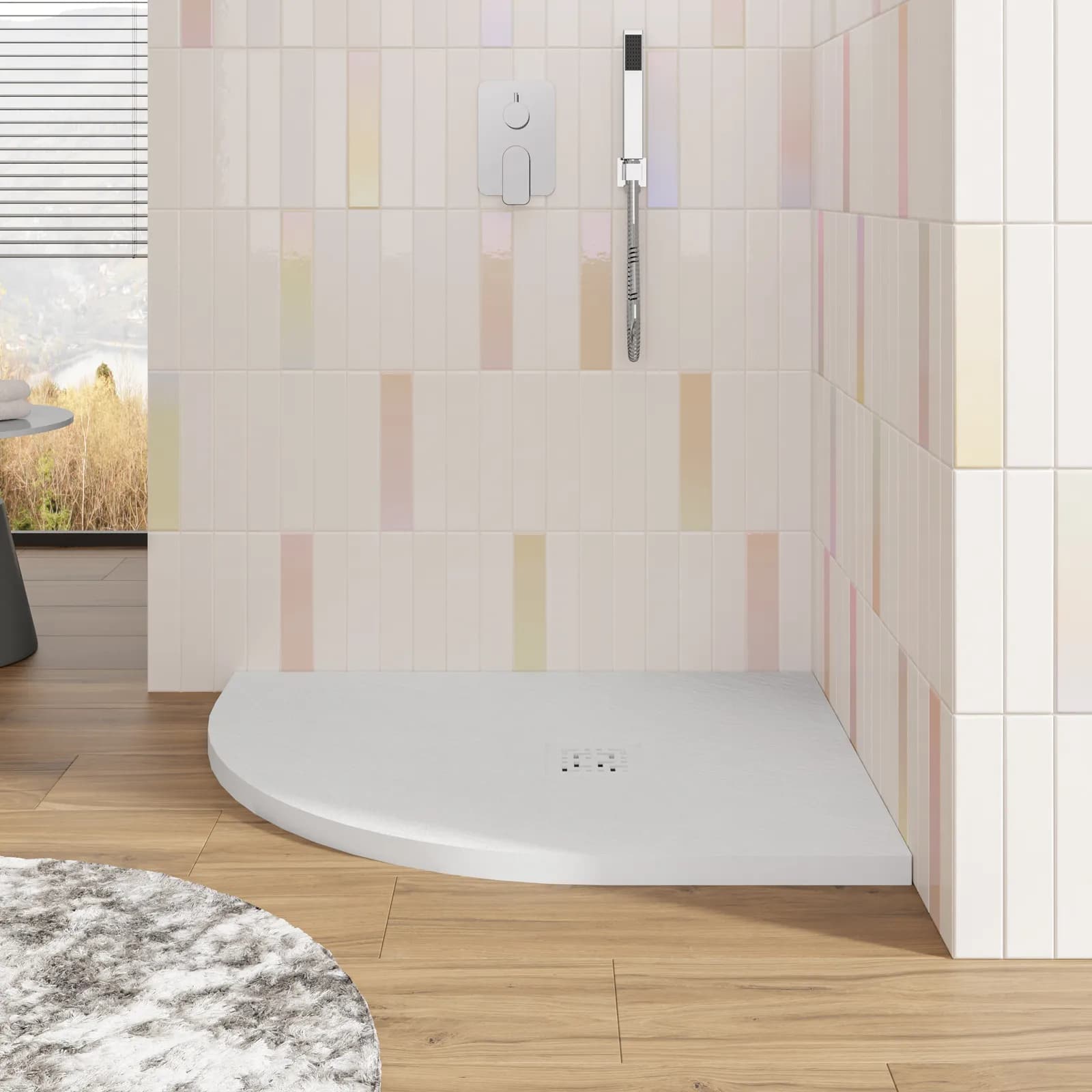 Piatto doccia semicircolare dx 70 x 90 cm effetto pietra riducibile bianco - Zerium