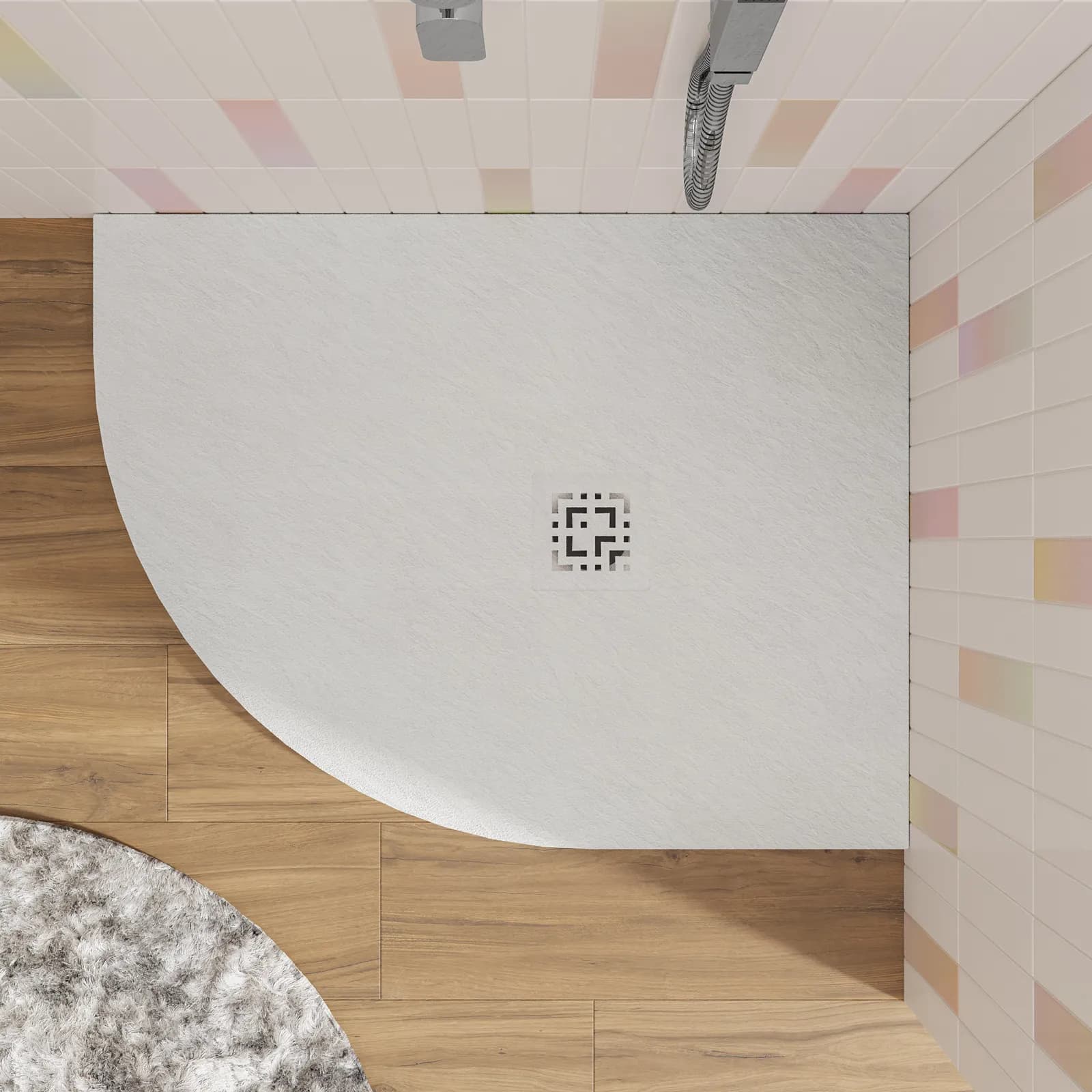 Piatto doccia semicircolare dx 70 x 90 cm effetto pietra riducibile bianco - Zerium
