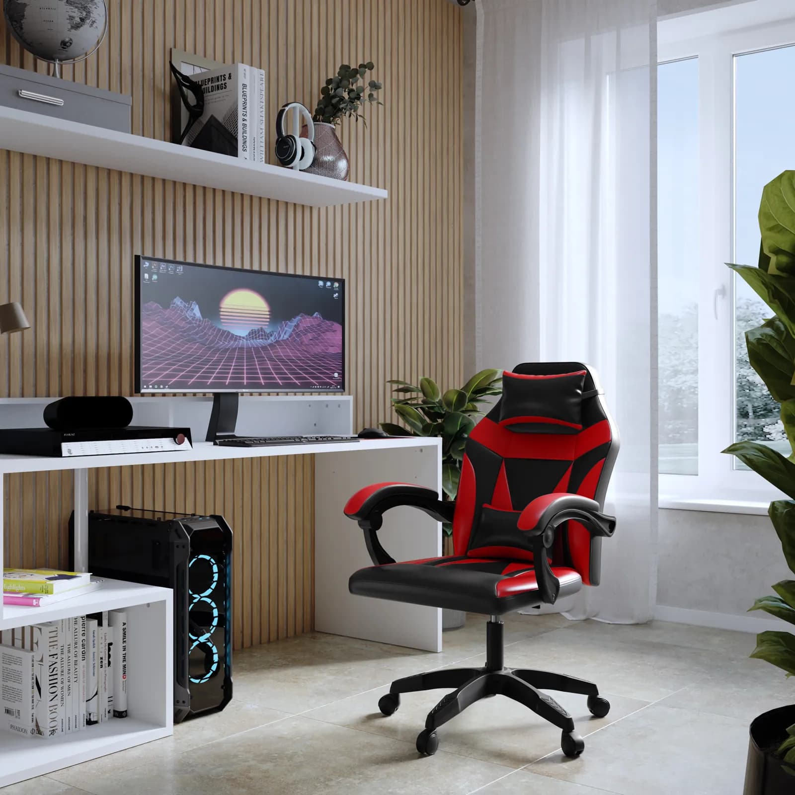 Poltrona da gaming girevole in similpelle nero e rosso con poggiatesta - Task