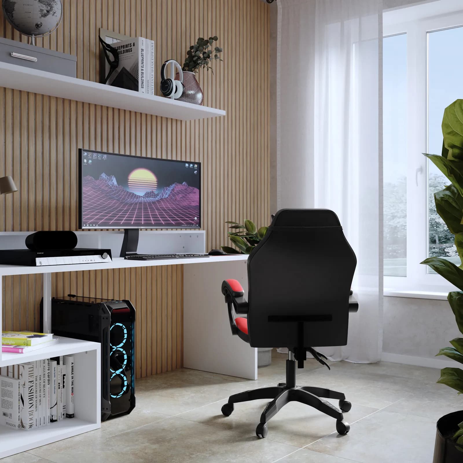 Poltrona da gaming girevole in similpelle nero e rosso con poggiatesta - Task