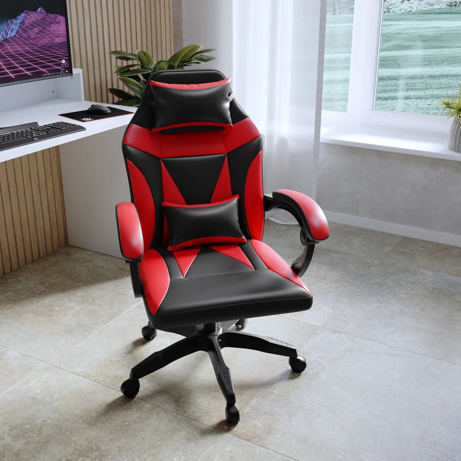 Poltrona da gaming girevole in similpelle nero e rosso con poggiatesta - Task
