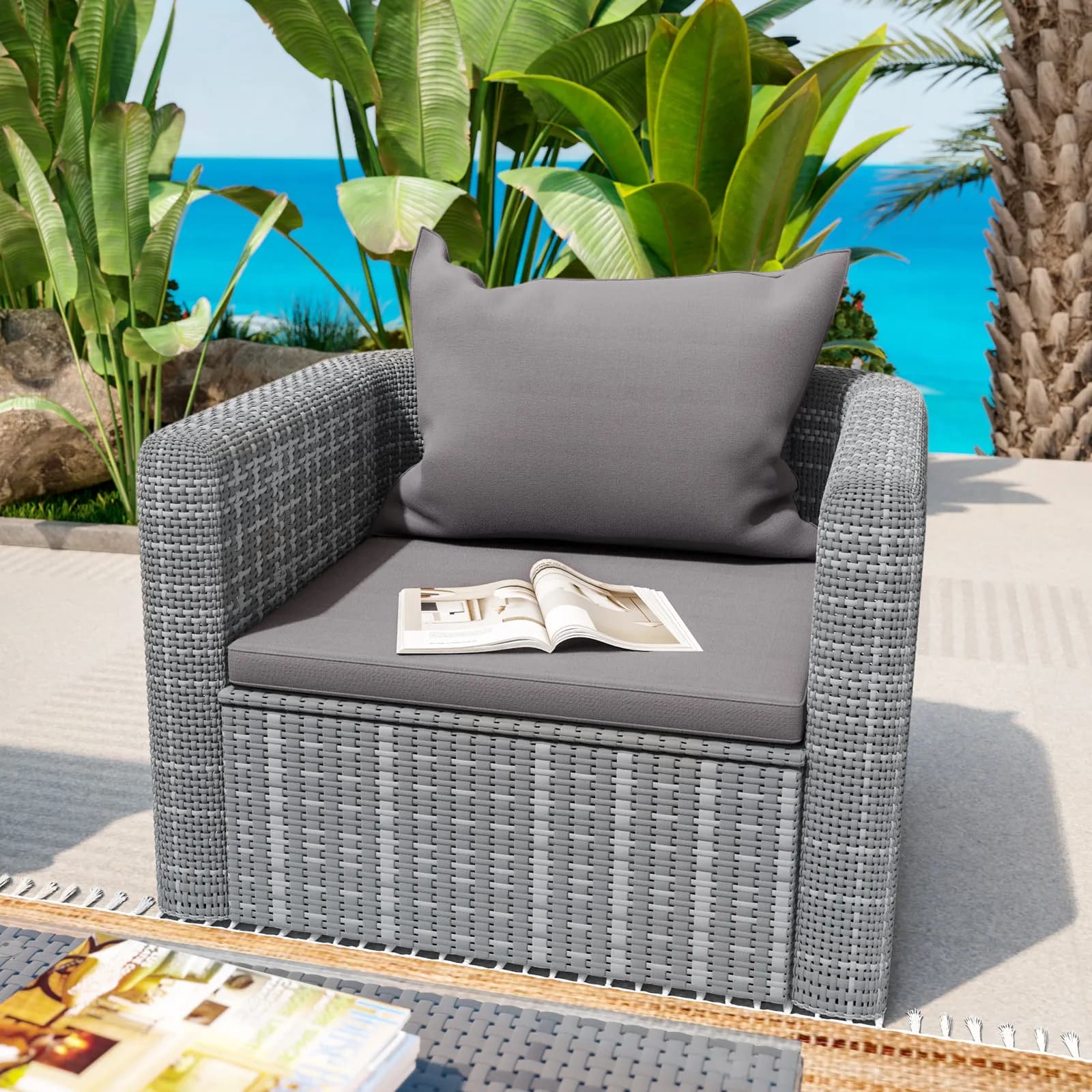 Poltrona da giardino in polyrattan grigio con cuscini - Horizon