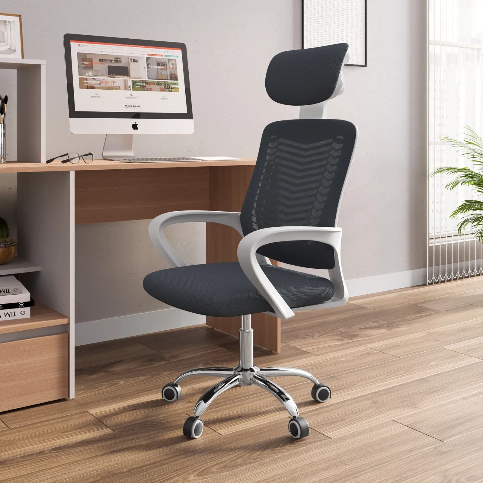 Poltrona da ufficio girevole in mesh grigio scuro con braccioli bianchi e base cromata - Hydre