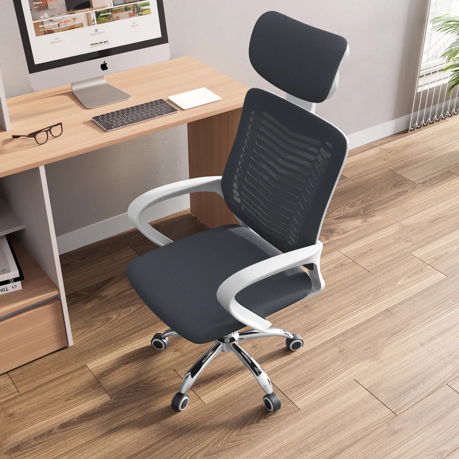 Poltrona da ufficio girevole in mesh grigio scuro con braccioli bianchi e base cromata - Hydre