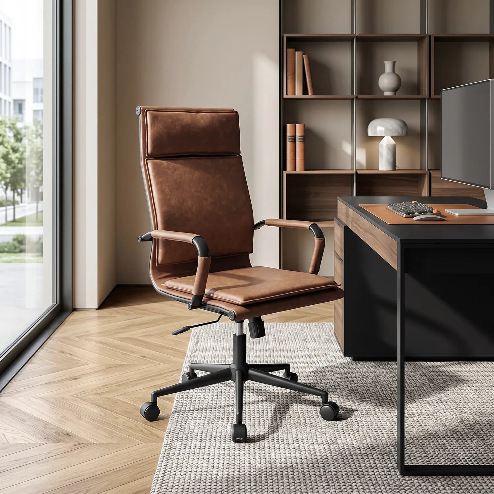 Poltrona da ufficio girevole in similpelle marrone con schienale alto e base cromo - Martin Plus