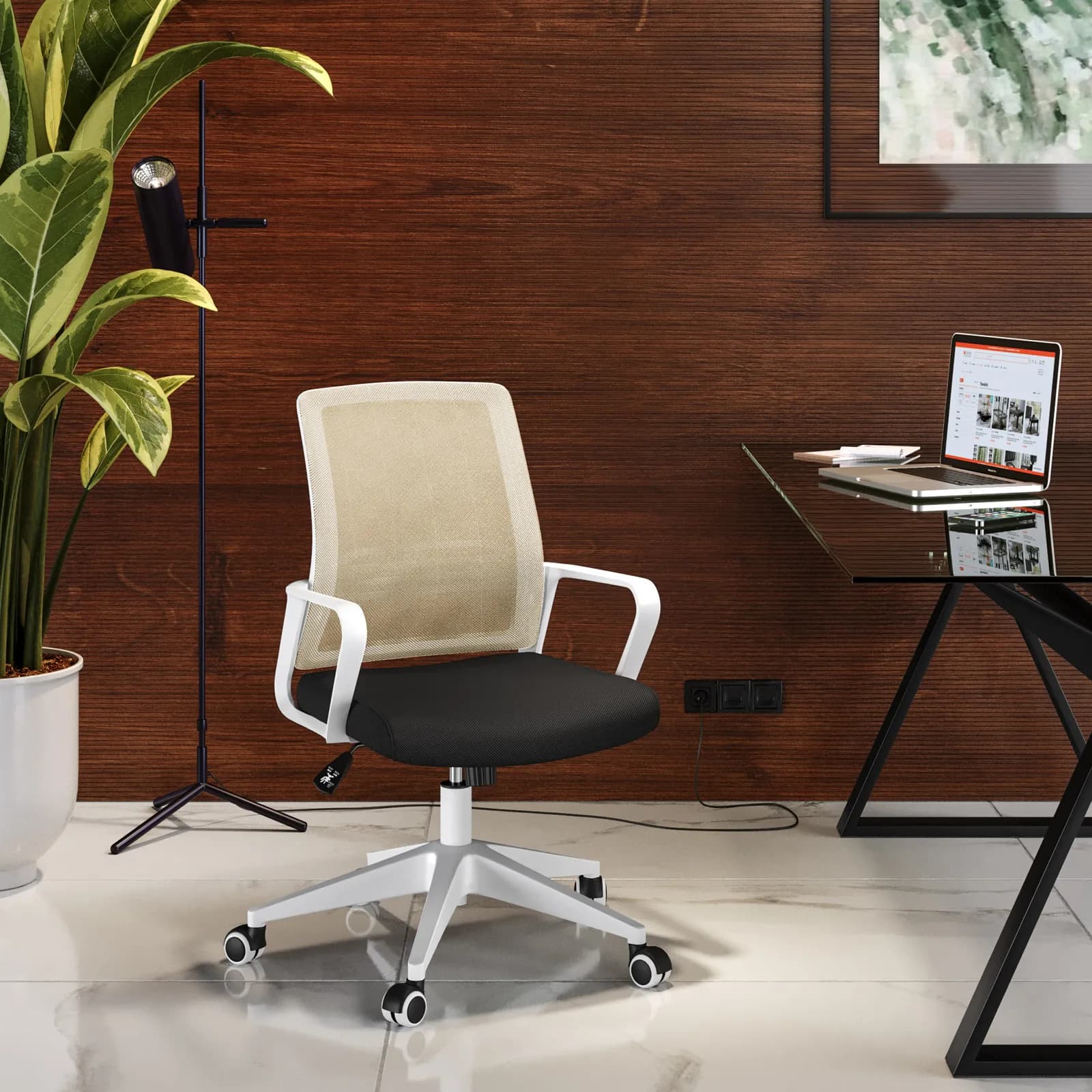 Poltrona da ufficio girevole in tessuto mesh nero e beige con struttura in nylon bianco - Gotica