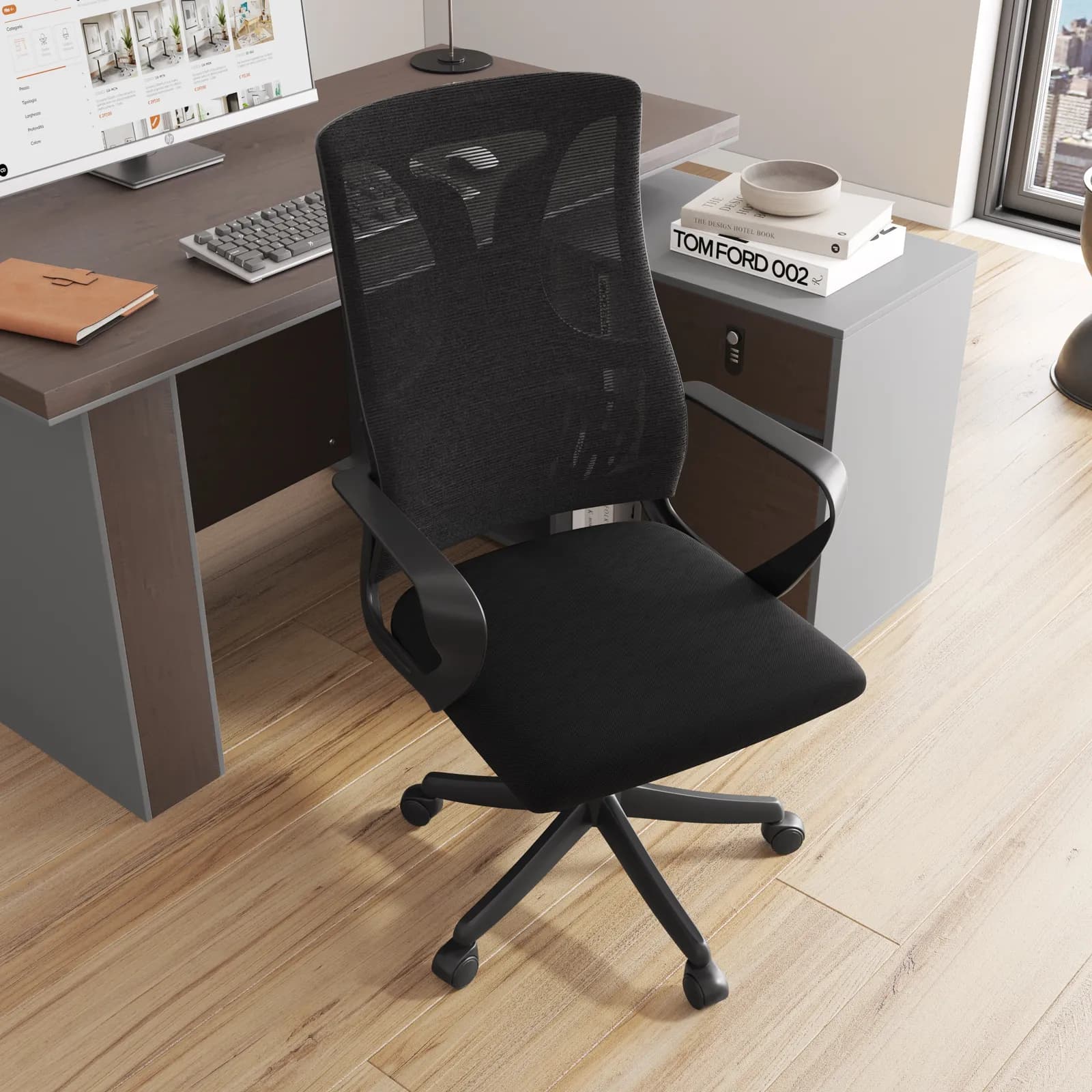 Poltrona girevole da ufficio in tessuto mesh e base nera - Swal
