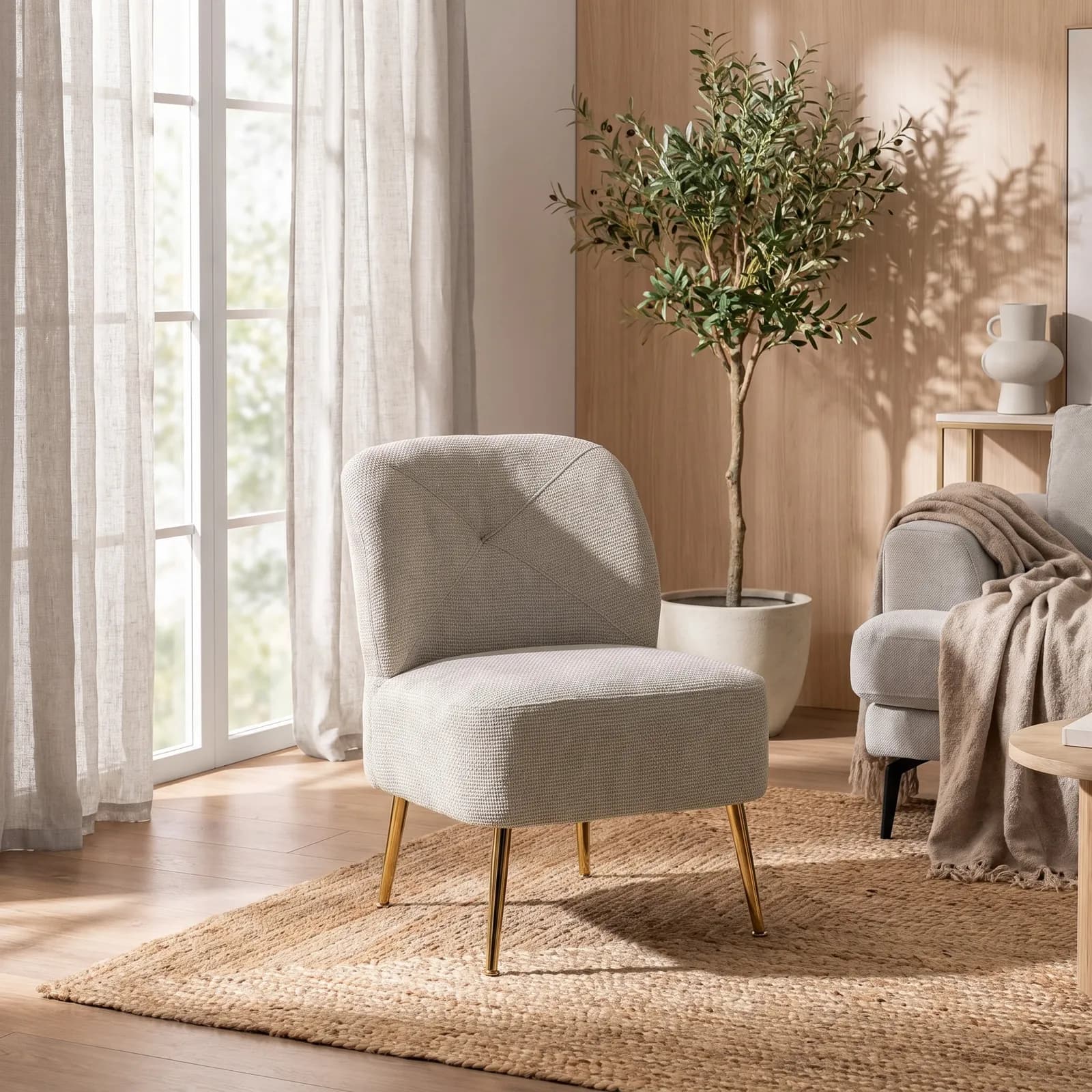 Poltrona in ciniglia beige con gambe in metallo oro - Finas