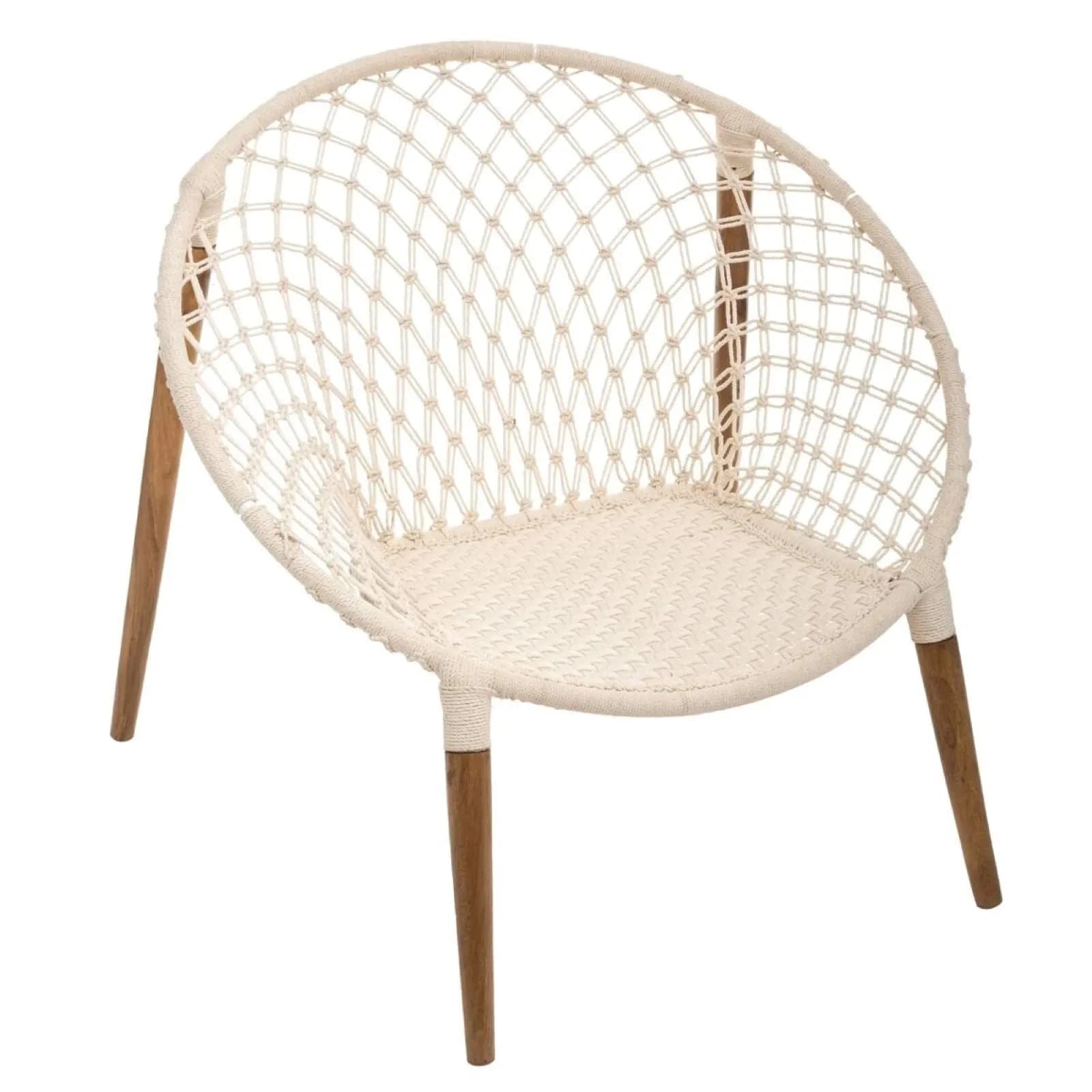 Poltrona in cotone macramé bianco e legno di teak naturale - Wadi