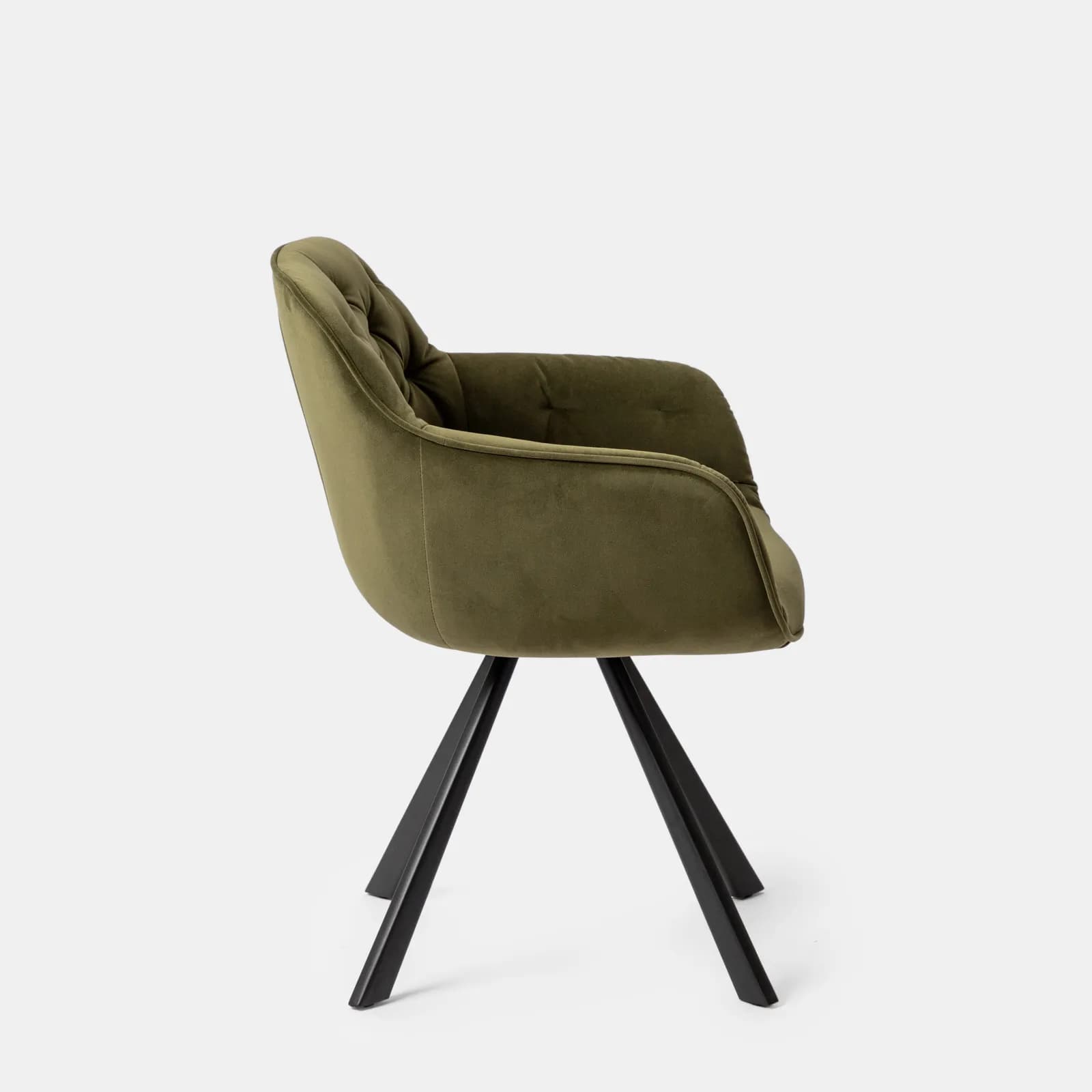 Poltrona in velluto verde oliva con gambe a trespolo in metallo nero - Dorotea