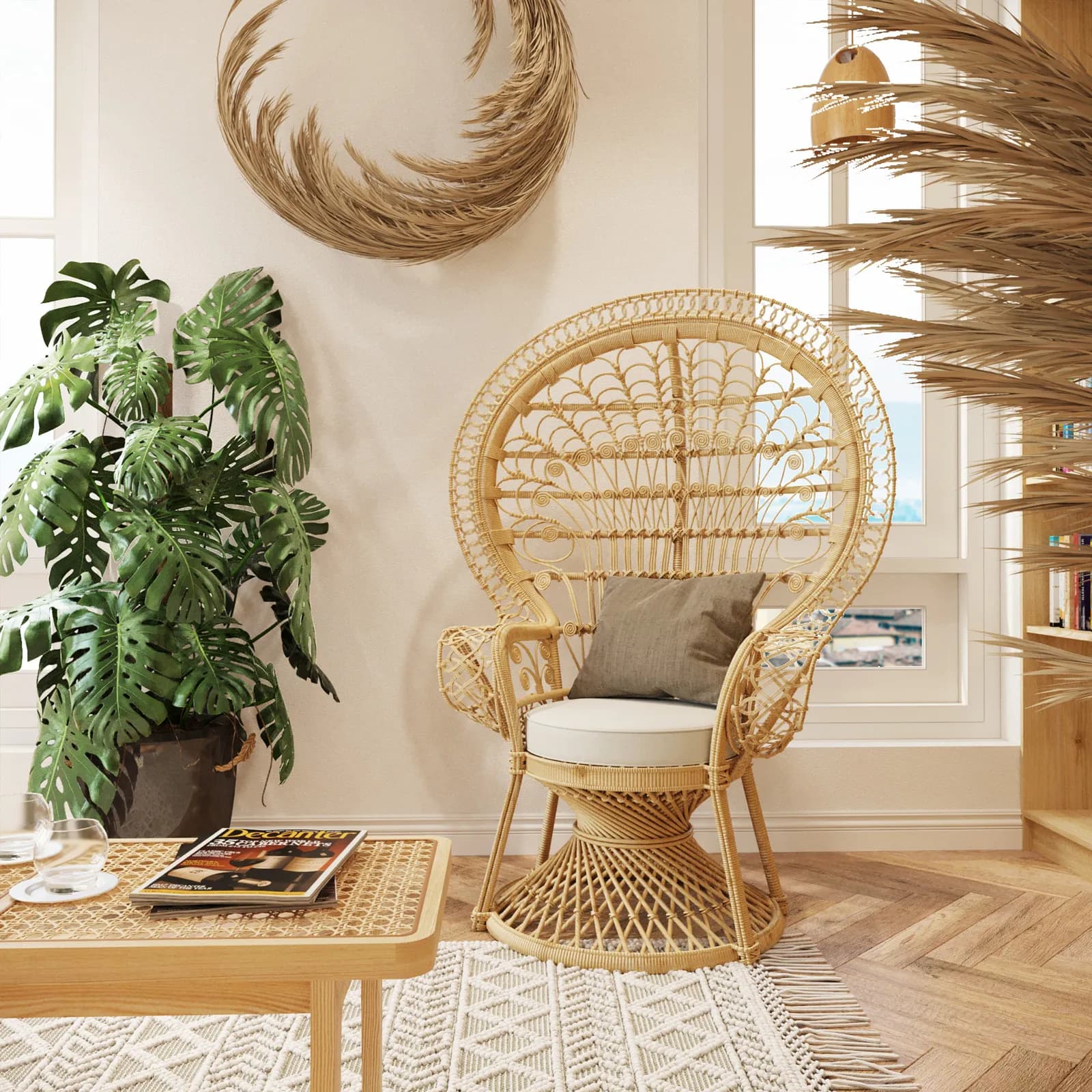 Poltrona pavone in rattan naturale con cuscino - Matra