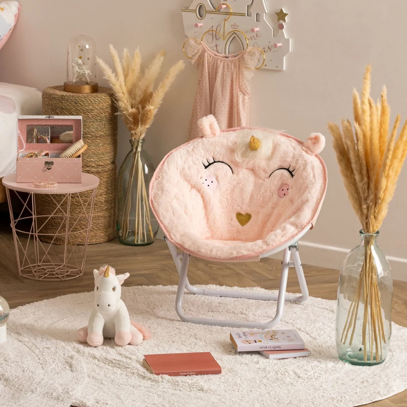 Poltrona pieghevole in tessuto peluche rosa fantasia unicorno con criniera - Kids