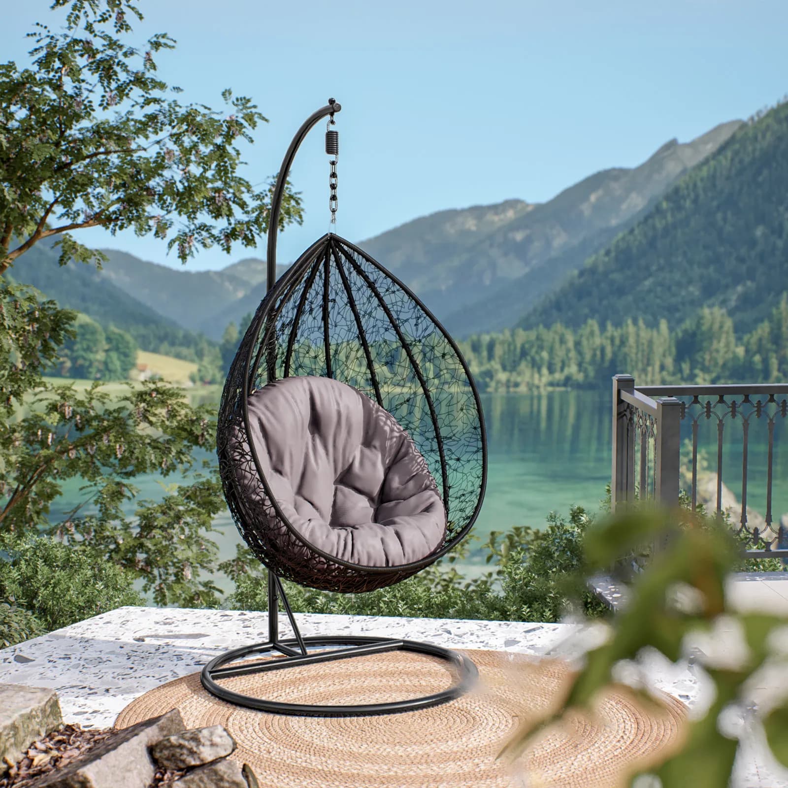 Poltrona sospesa in acciaio nero e polyrattan grigio - Paloma