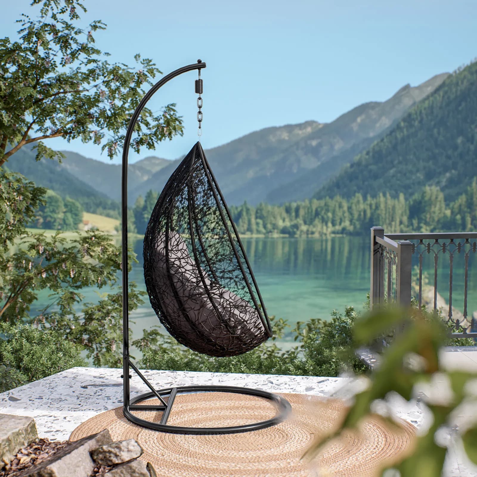 Poltrona sospesa in acciaio nero e polyrattan grigio - Paloma