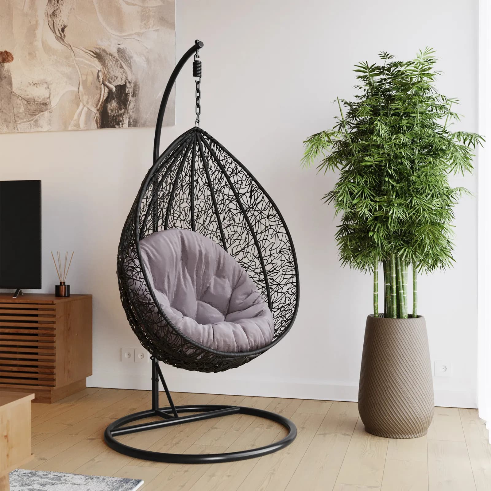 Poltrona sospesa in acciaio nero e polyrattan grigio - Paloma