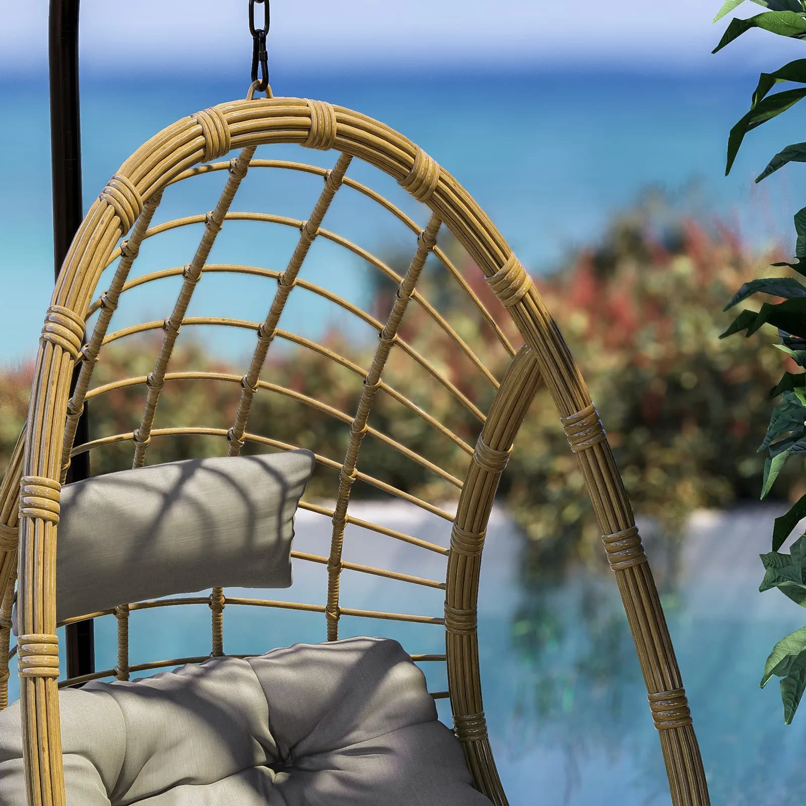 Poltrona sospesa in acciaio nero e polyrattan naturale con cuscino - Kasher