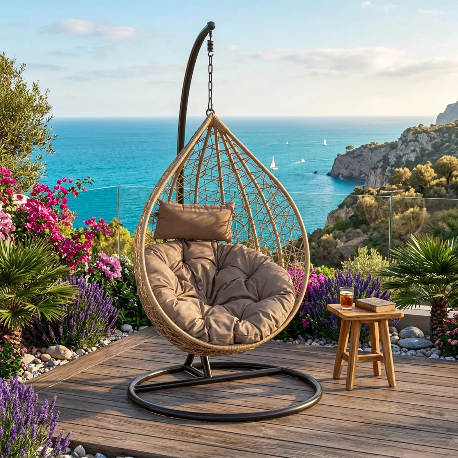 Poltrona sospesa in polyrattan nocciola con cuscino marrone e supporto - Orba