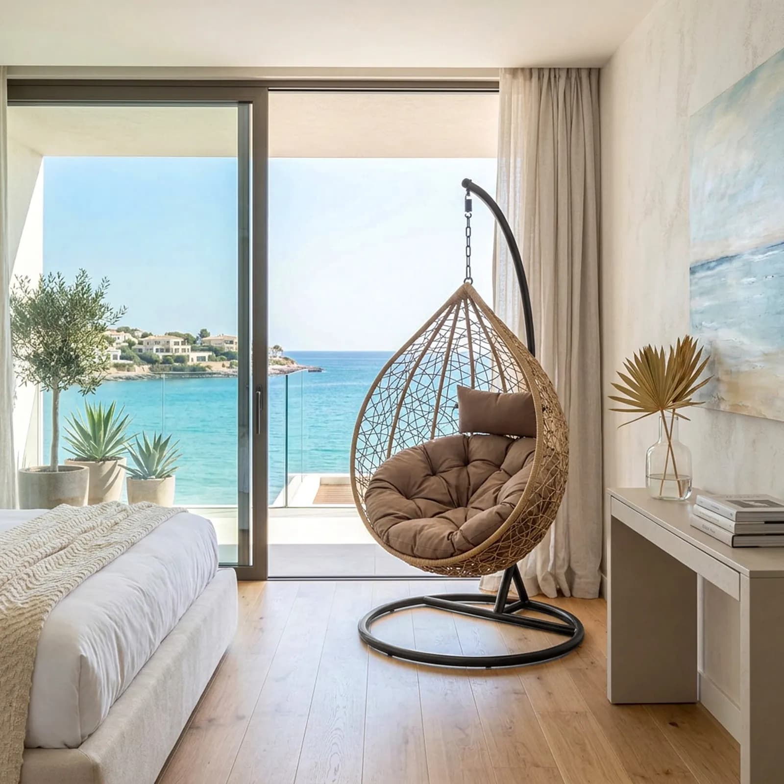 Poltrona sospesa in polyrattan nocciola con cuscino marrone e supporto - Orba