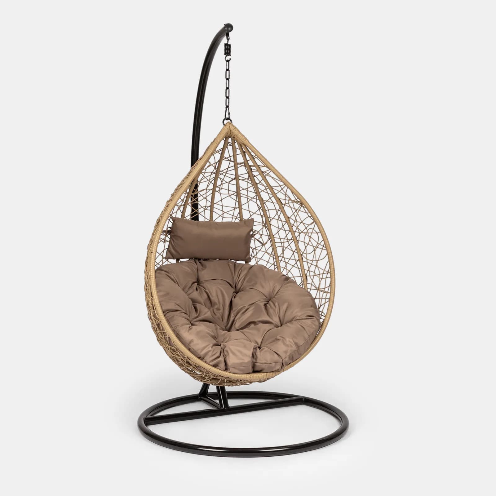 Poltrona sospesa in polyrattan nocciola con cuscino marrone e supporto - Orba