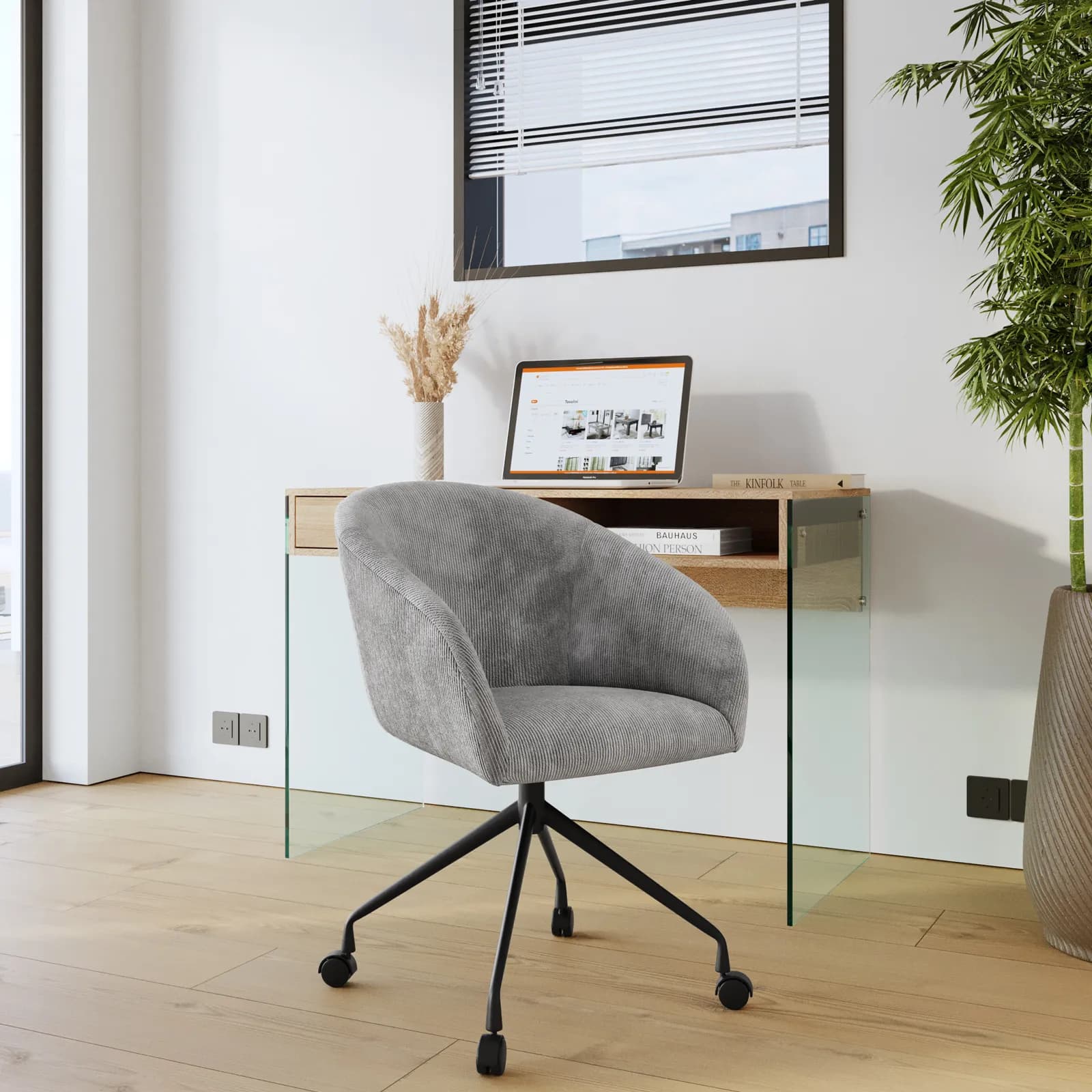 Poltrona da ufficio girevole in tessuto a coste grigio con base in metallo nero - Jumper