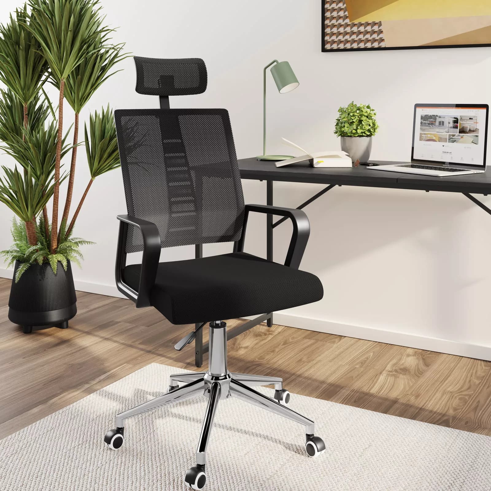 Poltrona da ufficio girevole in tessuto nero con supporto ergonomico e base cromata - Australe