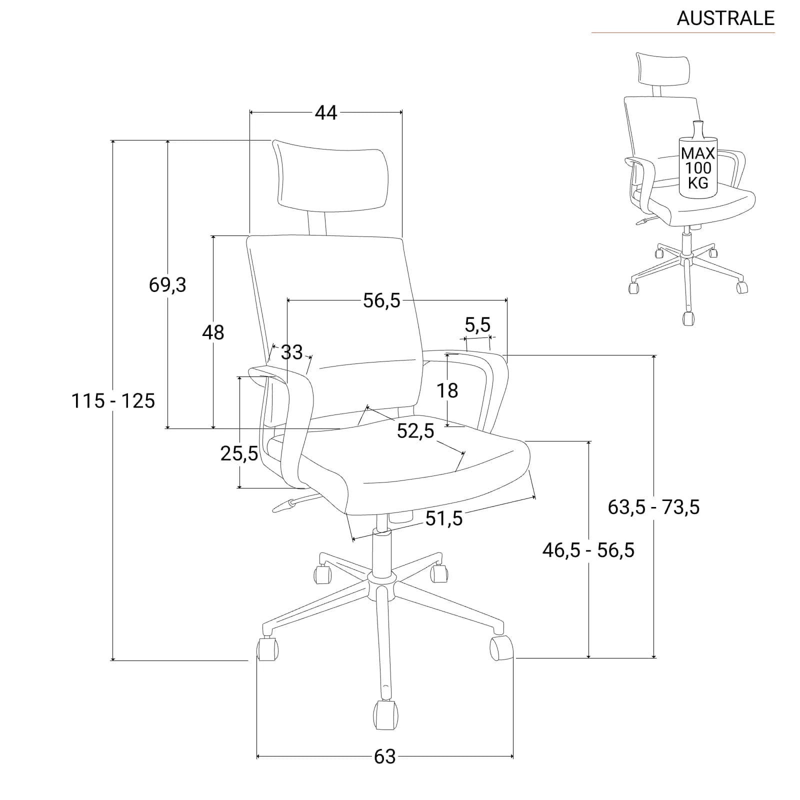 Poltrona da ufficio girevole in tessuto nero con supporto ergonomico e base cromata - Australe