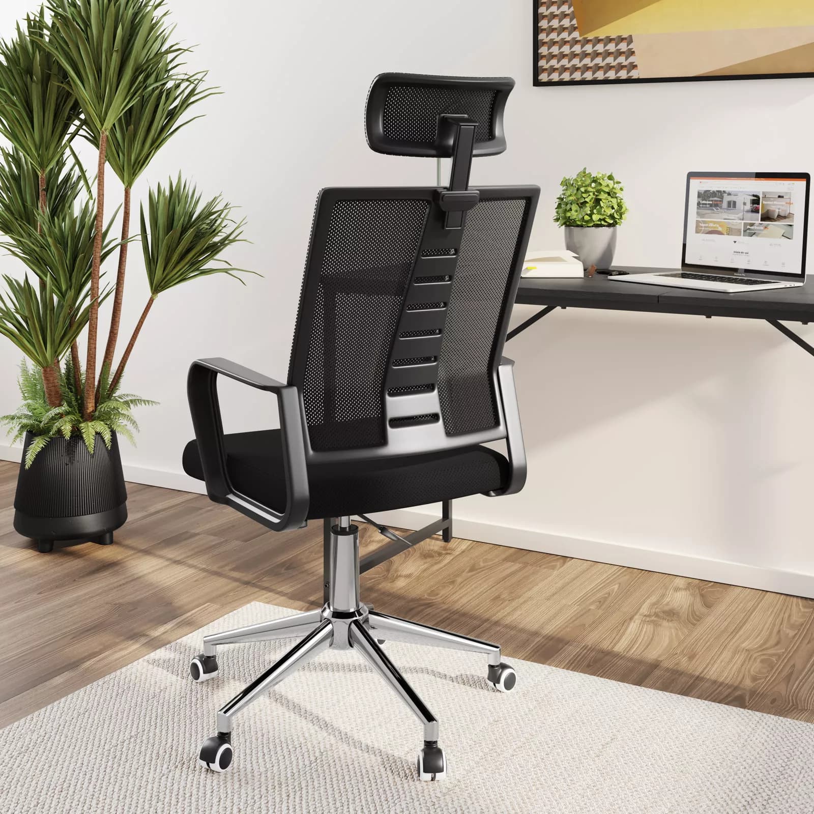 Poltrona da ufficio girevole in tessuto nero con supporto ergonomico e base cromata - Australe