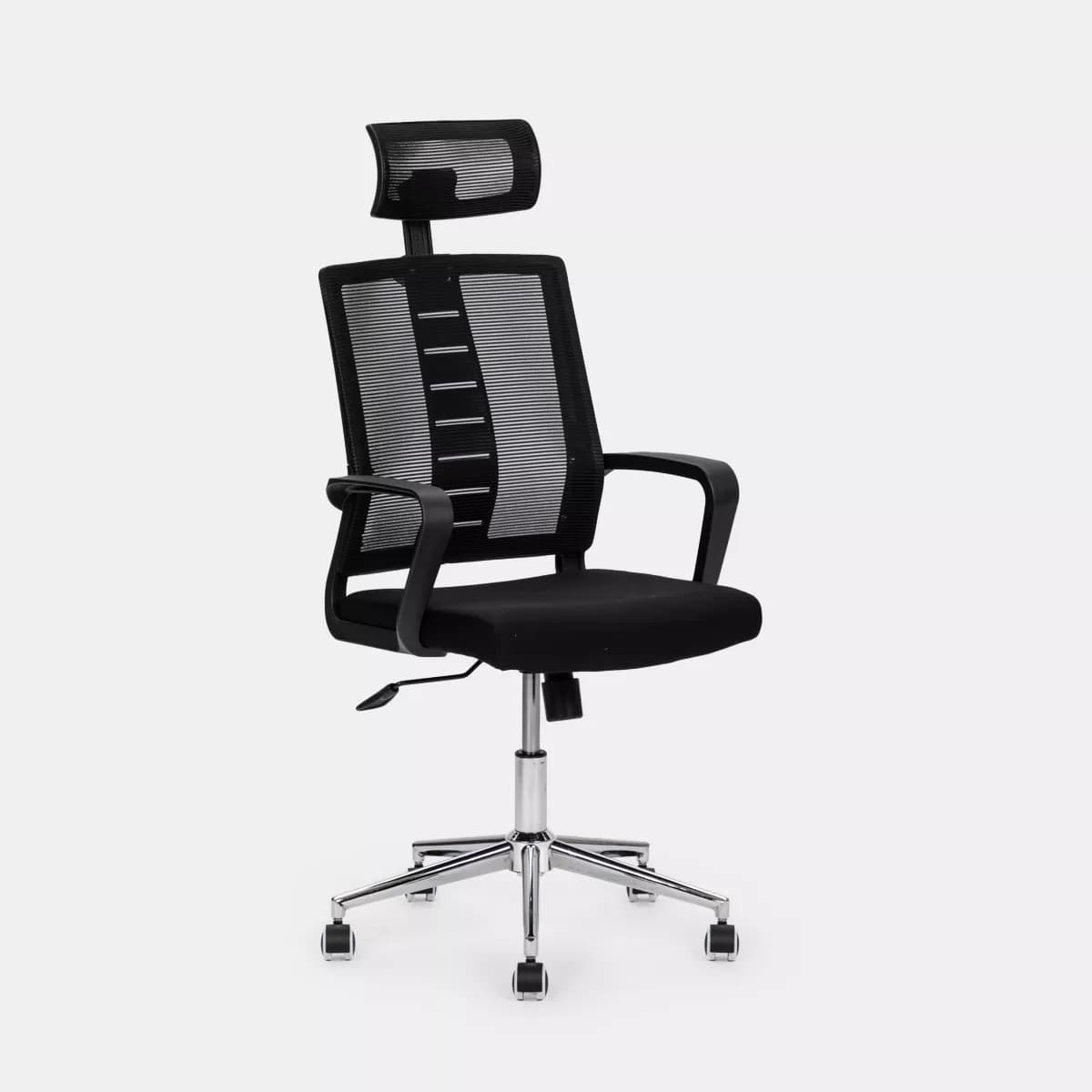 Poltrona da ufficio girevole in tessuto nero con supporto ergonomico e base cromata - Australe
