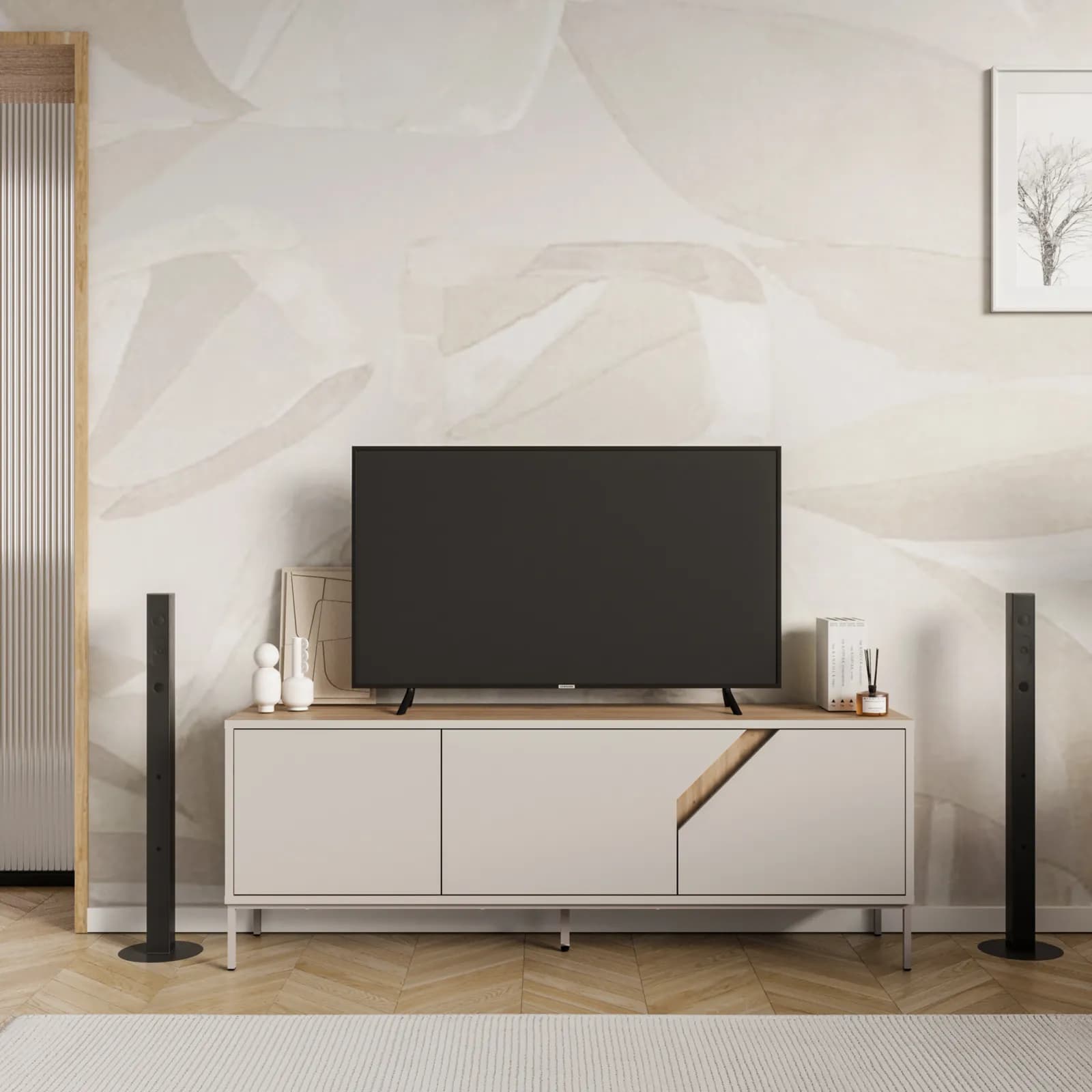 Porta tv 150x55h cm rovere scuro e cashmere con 3 ante - Kavira