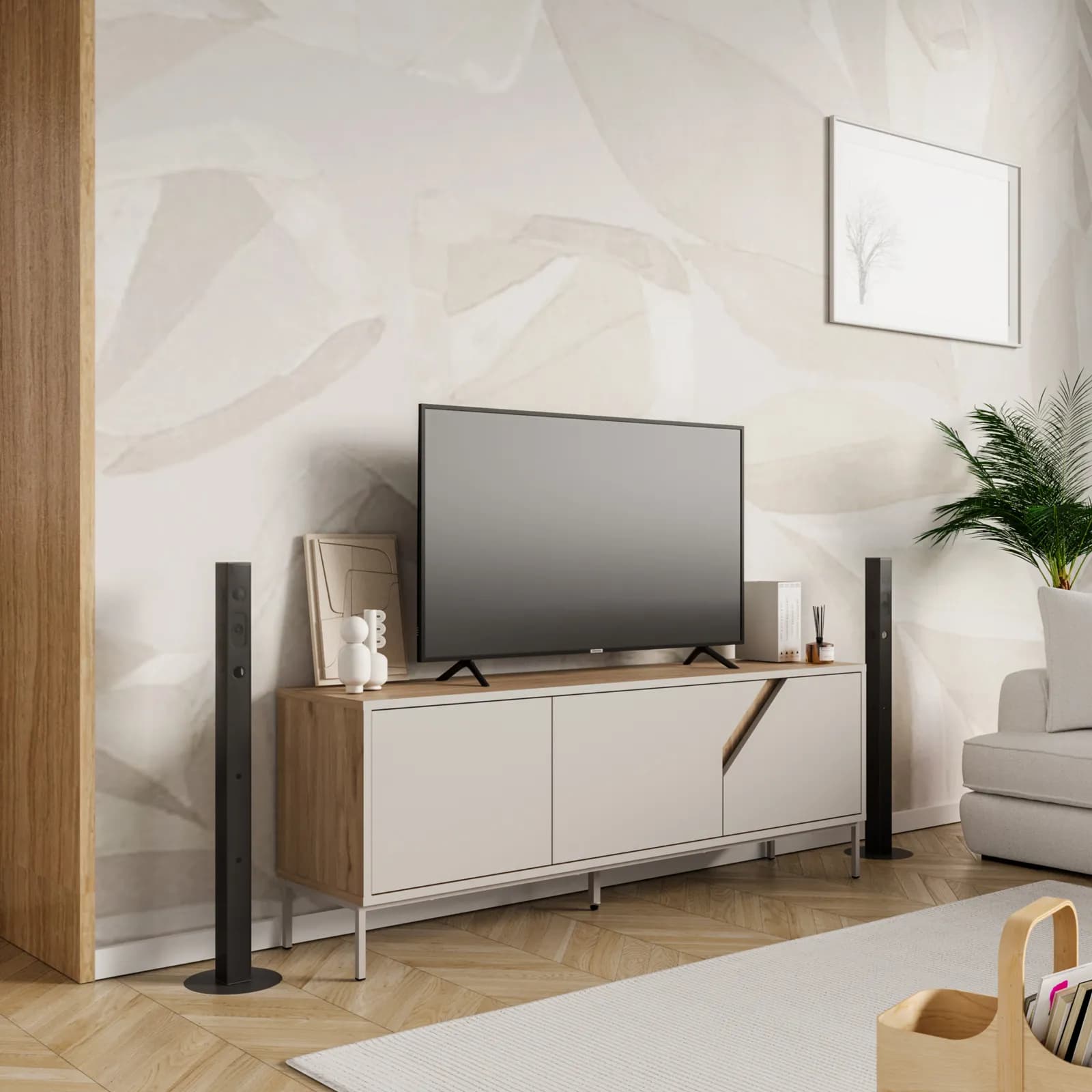 Porta tv 150x55h cm rovere scuro e cashmere con 3 ante - Kavira