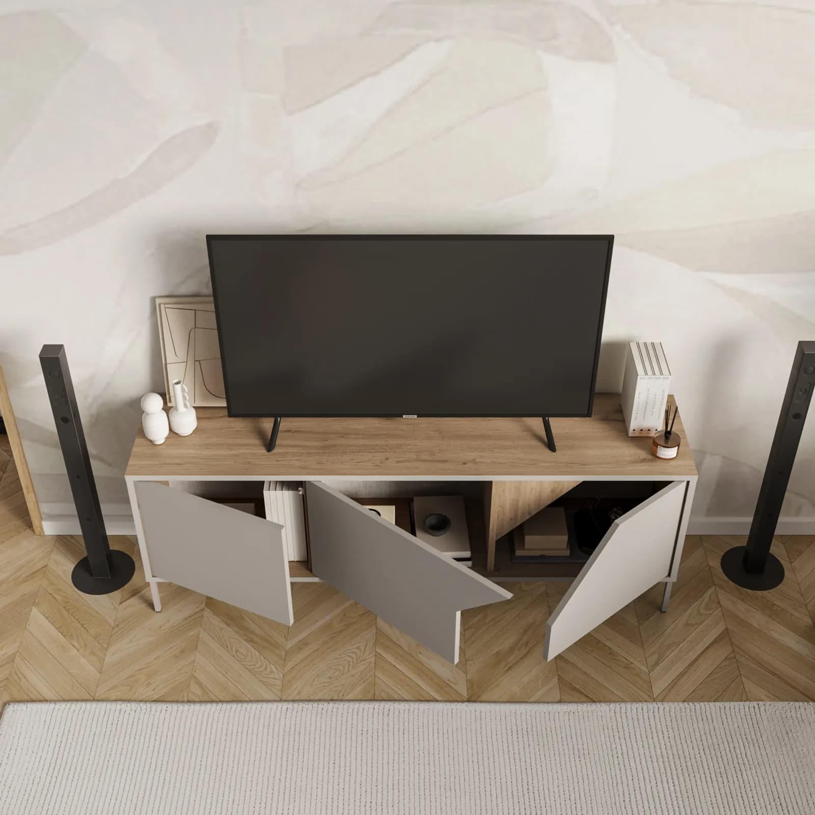 Porta tv 150x55h cm rovere scuro e cashmere con 3 ante - Kavira