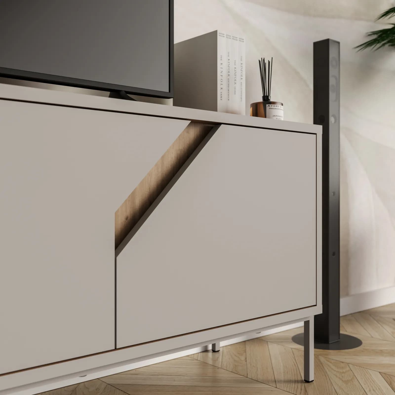 Porta tv 150x55h cm rovere scuro e cashmere con 3 ante - Kavira
