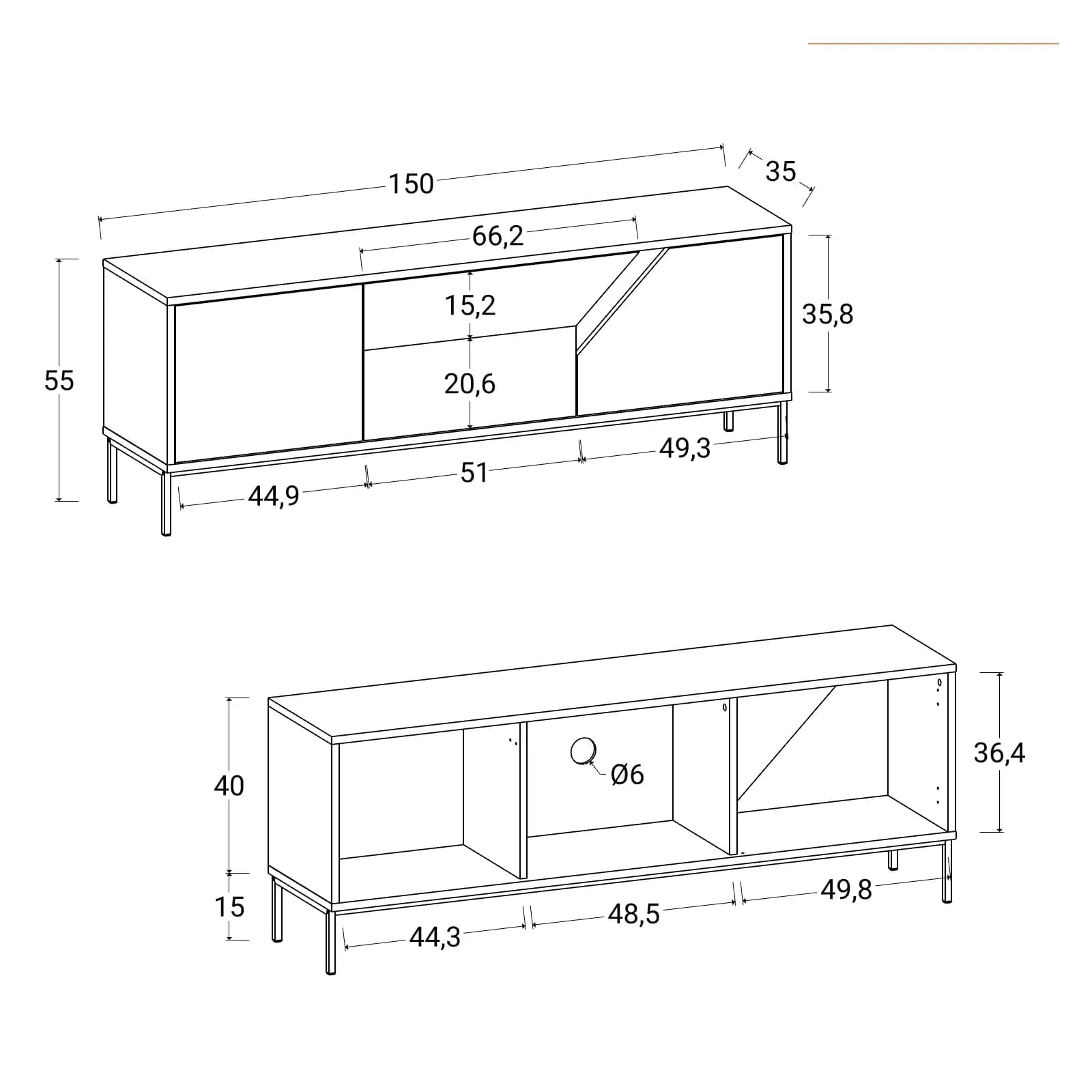 Porta tv 150x55h cm rovere scuro e cashmere con 3 ante - Kavira