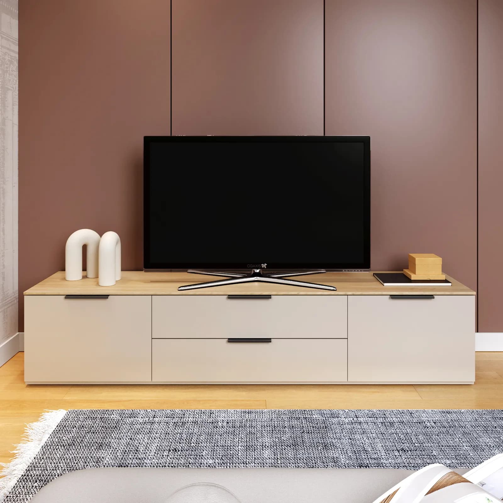 Porta tv 200x43h cm top rovere baysen con 2 ante e 2 cassetti cashmere lucido - Valoria