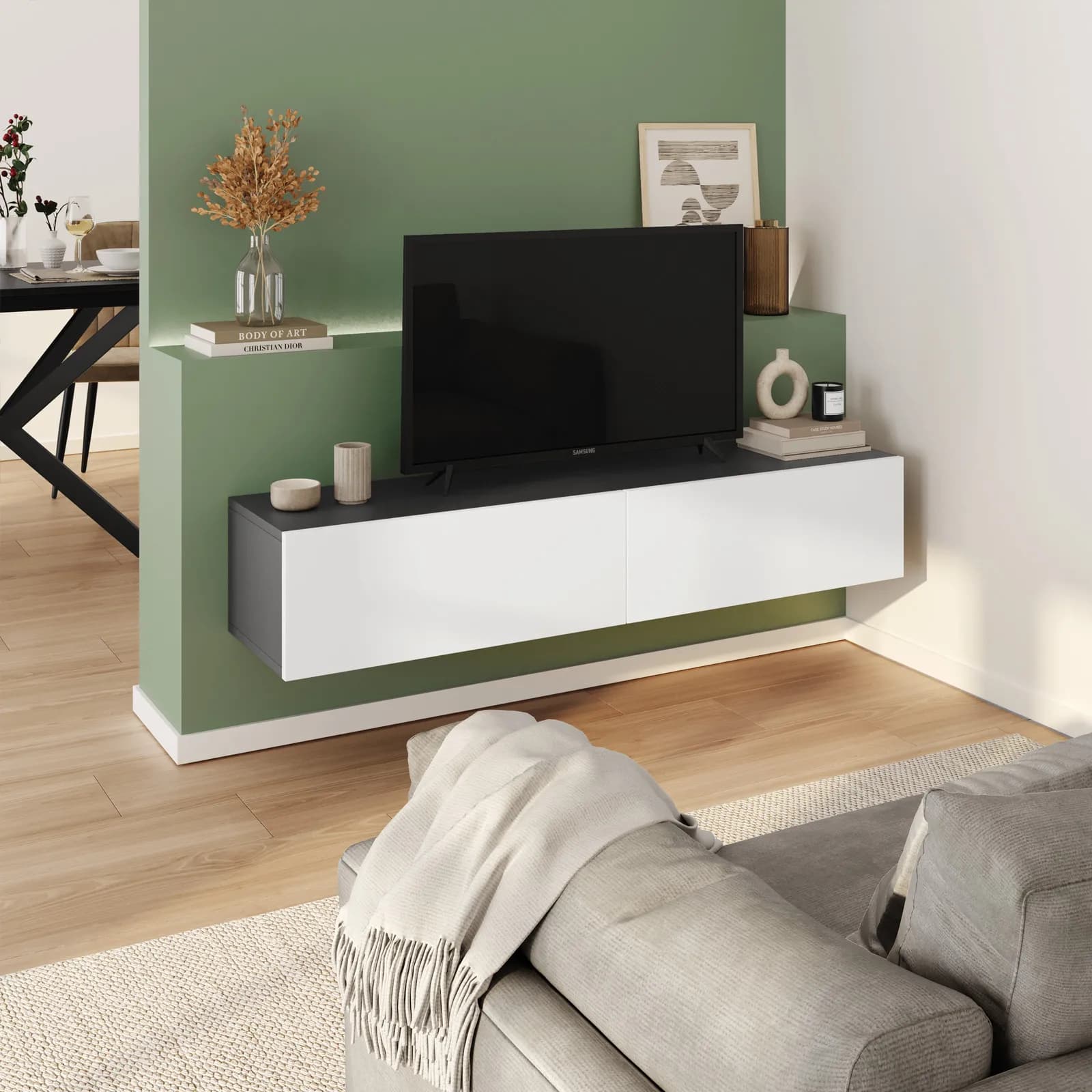 Porta tv sospeso 135x25h cm antracite con 2 ante bianco opaco - Betka