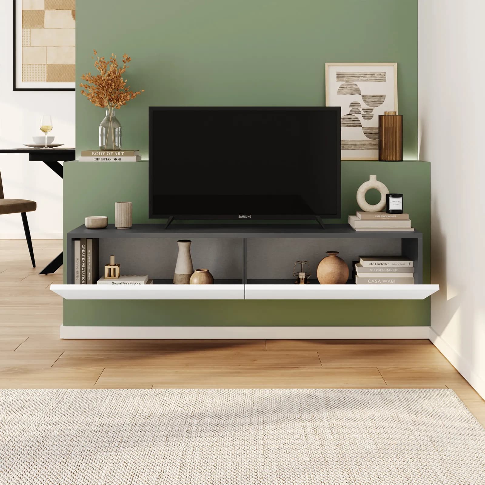 Porta tv sospeso 135x25h cm antracite con 2 ante bianco opaco - Betka