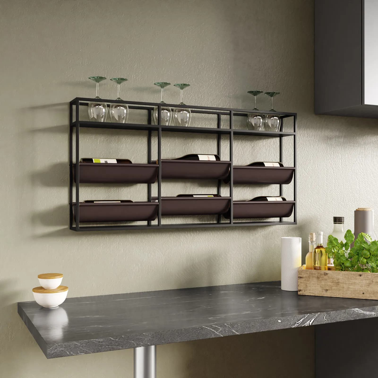 Portabottiglie da parete 101x51h cm in similpelle e metallo nero - Cabernet