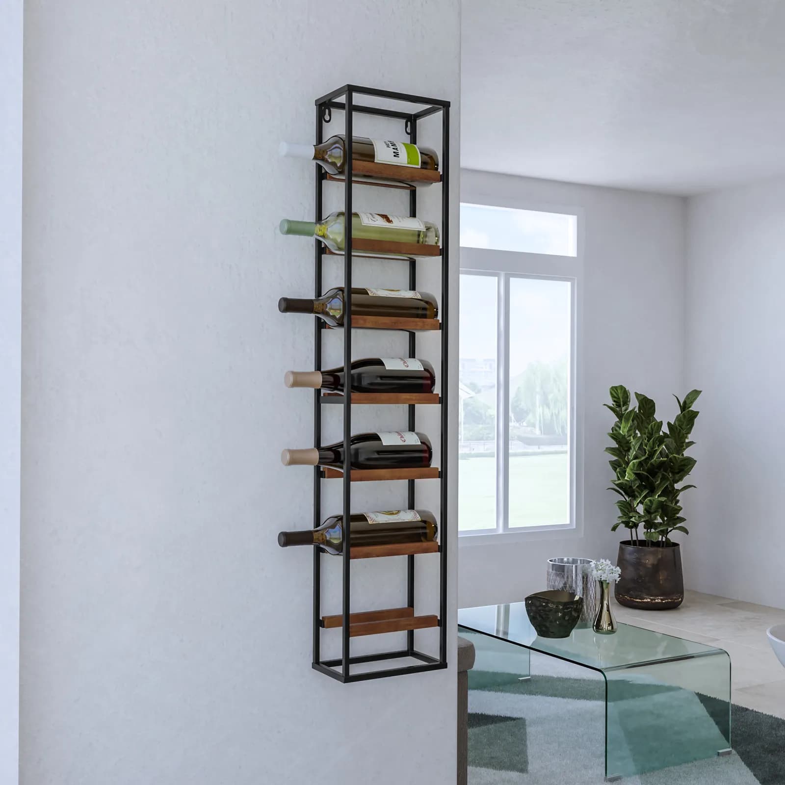 Portabottiglie da parete 21x101h cm in metallo nero e legno noce - Holoc