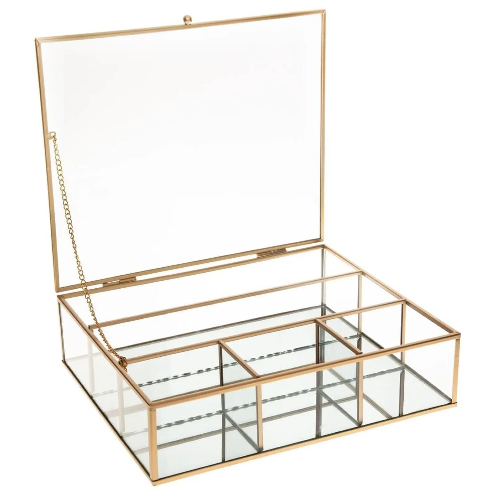 Portagioie 27x8h cm in vetro e metallo oro con fondo specchiato e 5 scomparti