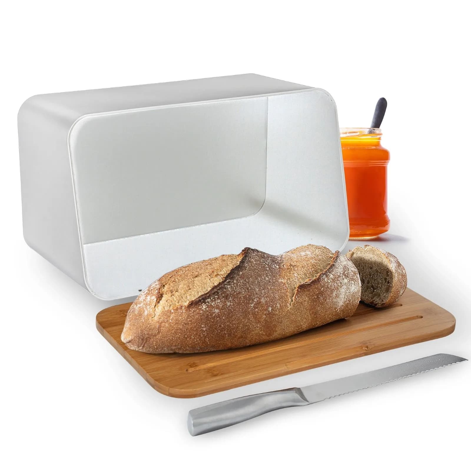 Portapane 37x23h cm in metallo bianco e tagliere in bambù