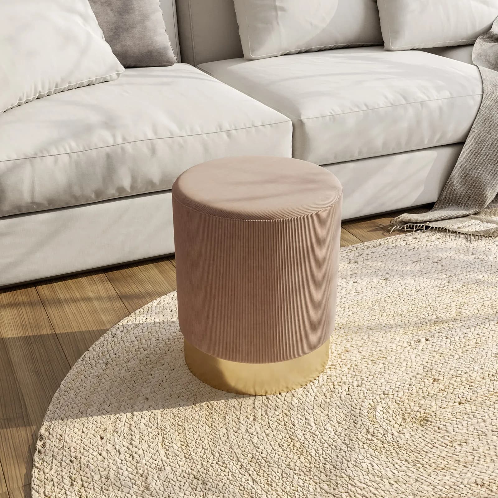 Pouf rotondo 35x42h cm in velluto a coste tortora e base oro - Divo