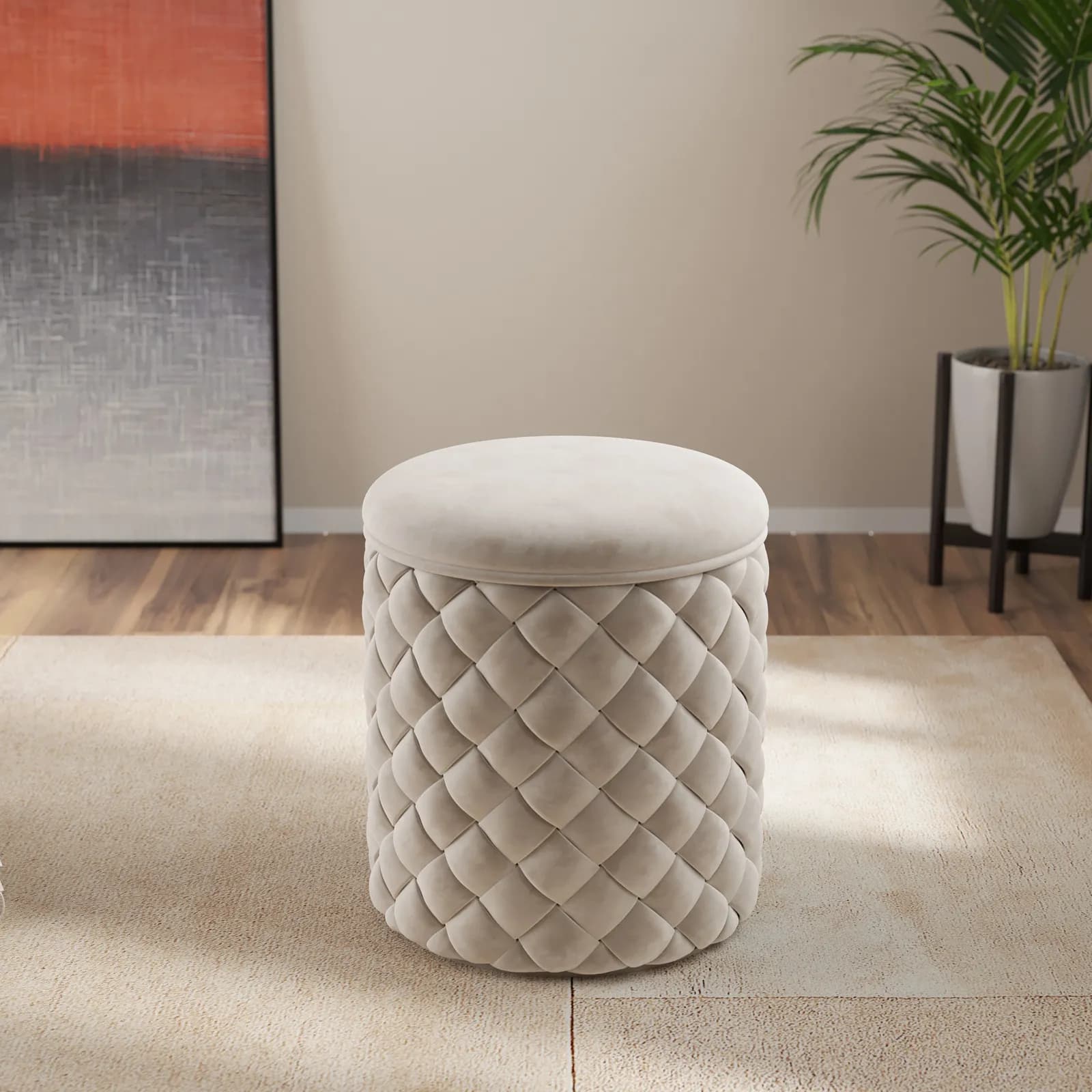 Pouf contenitore 38 cm in velluto intrecciato crema - Josiah