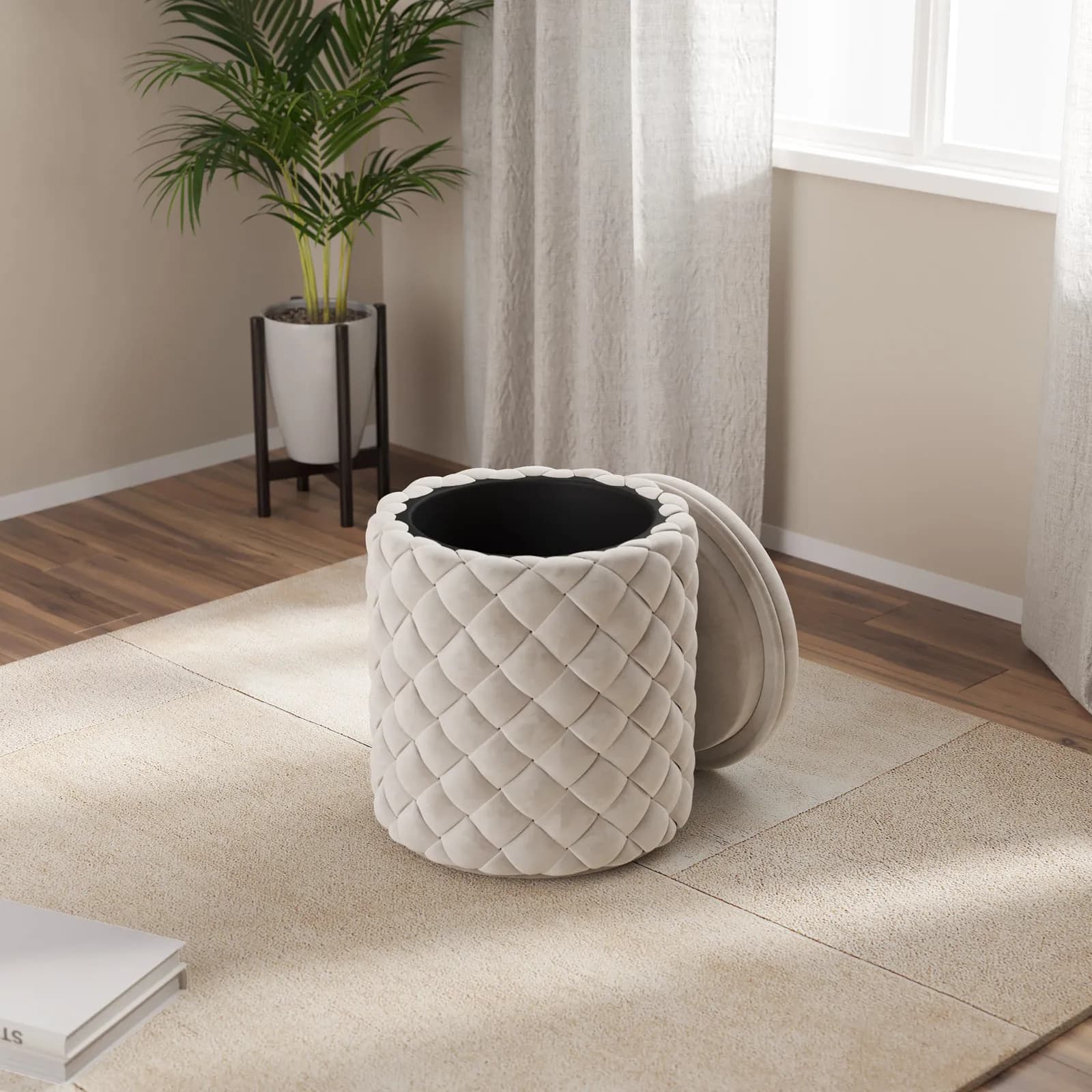 Pouf contenitore 38 cm in velluto intrecciato crema - Josiah