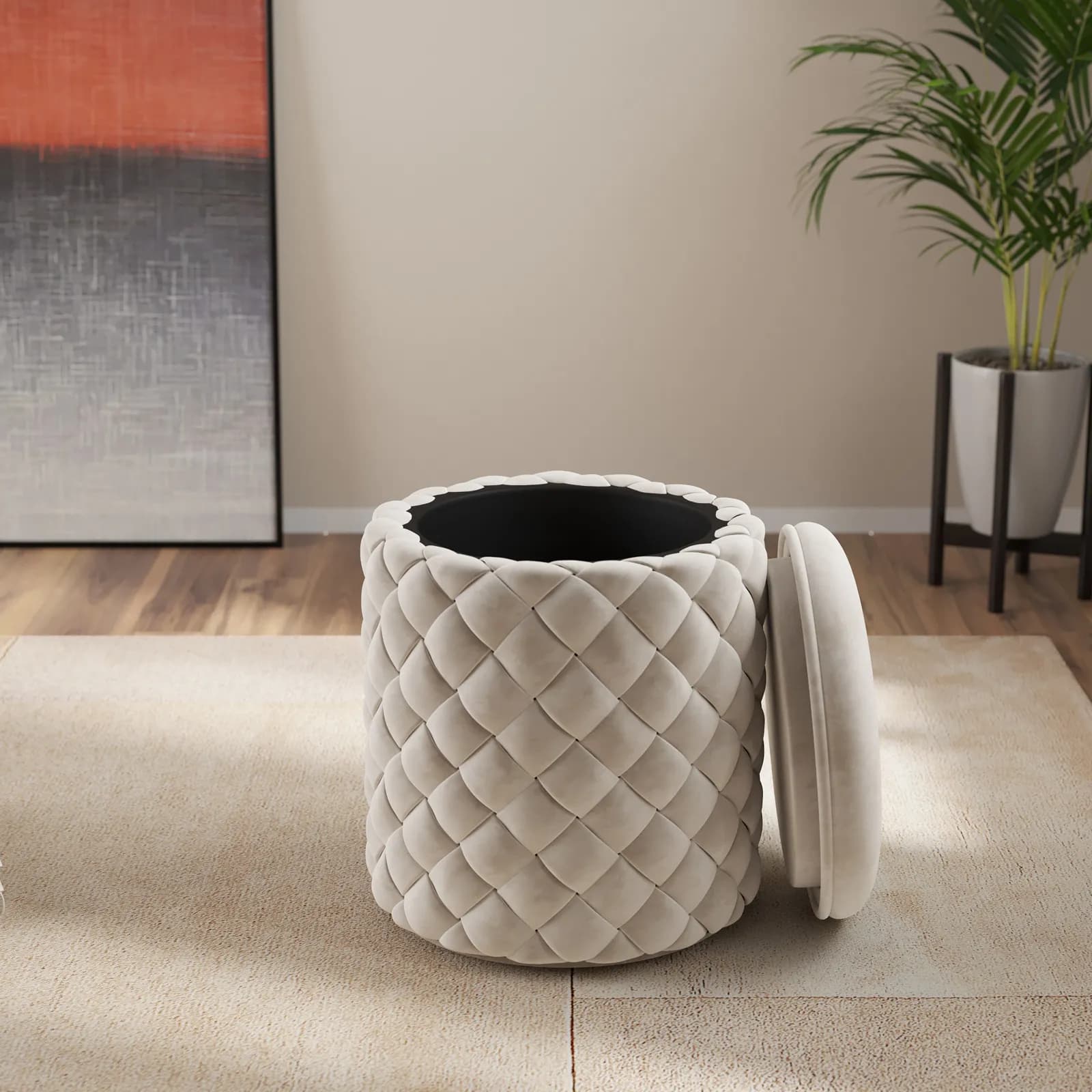 Pouf contenitore 38 cm in velluto intrecciato crema - Josiah