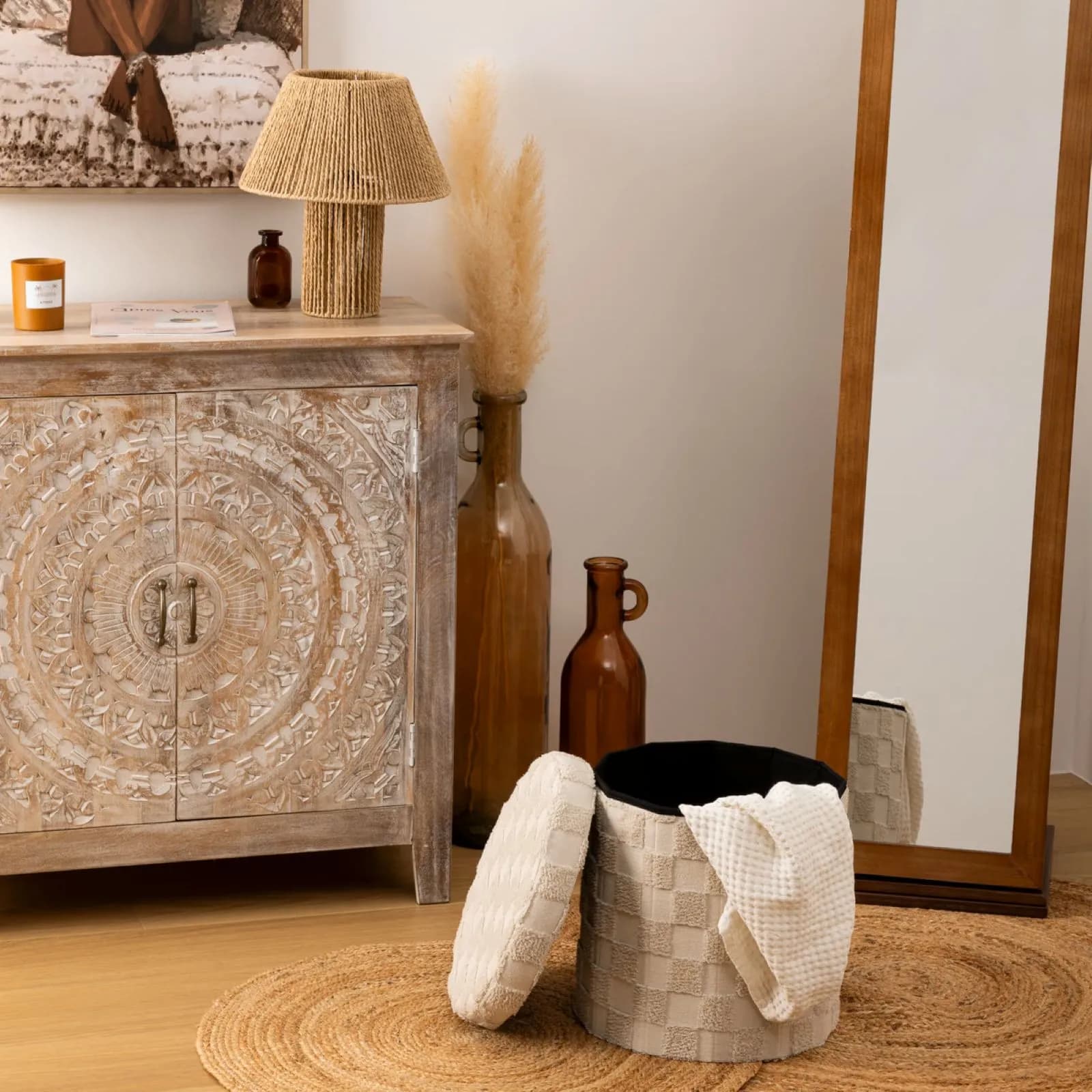 Pouf contenitore pieghevole rotondo 38 cm in tessuto bouclé a quadri bianco