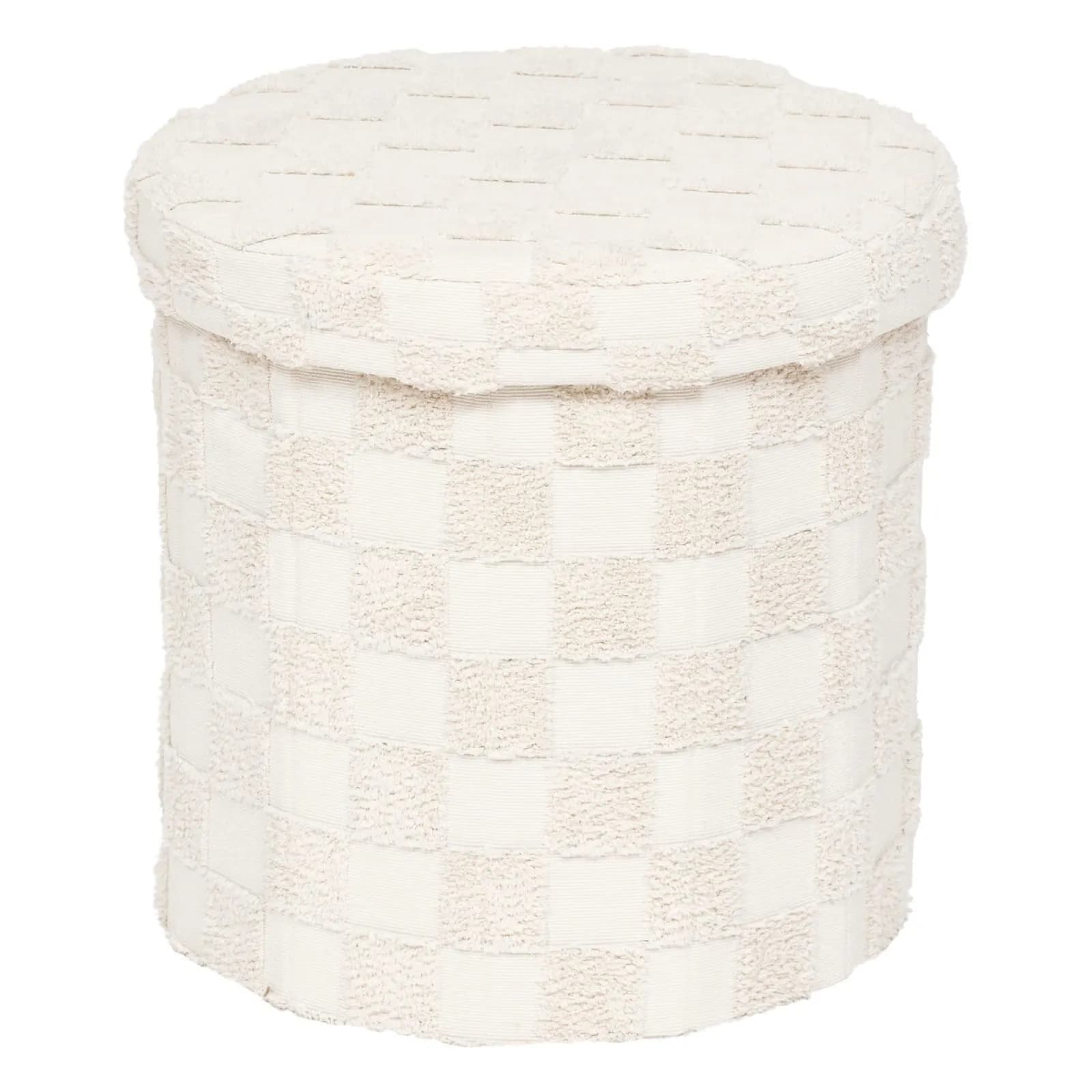 Pouf contenitore pieghevole rotondo 38 cm in tessuto bouclé a quadri bianco