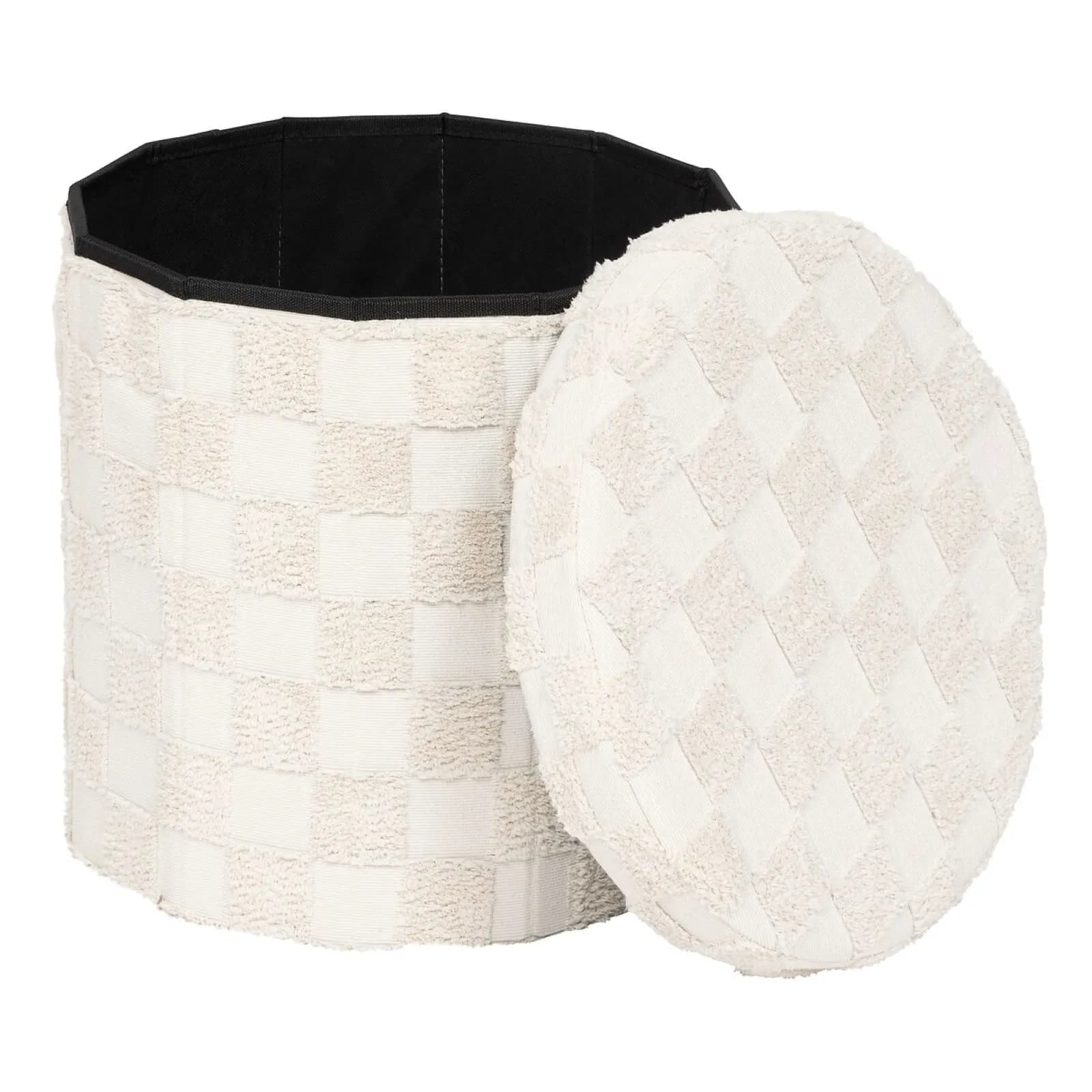 Pouf contenitore pieghevole rotondo 38 cm in tessuto bouclé a quadri bianco